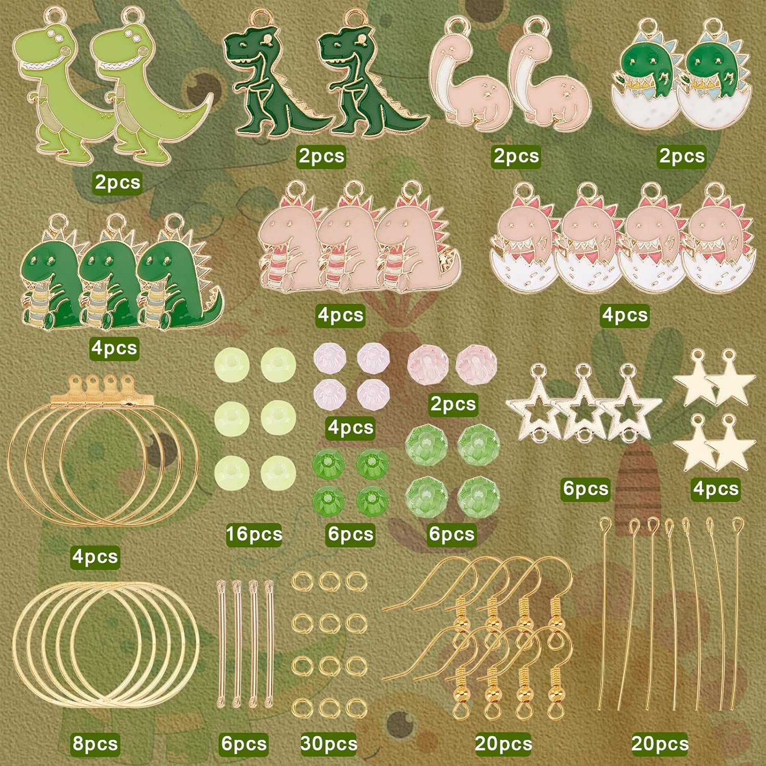 SUNNYCLUE 1 caja, 10 pares de aretes de dinosaurio, kit de iniciación para hacer encantadores animales de dibujos animados con dije de estrella,