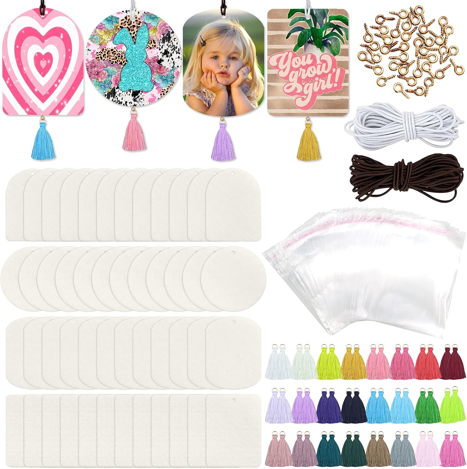 ZOCONE 48 ambientadores de sublimación en blanco con bolsas, borlas, cuerda elástica, fieltro blanco sublimación en blanco a granel para automóvil y
