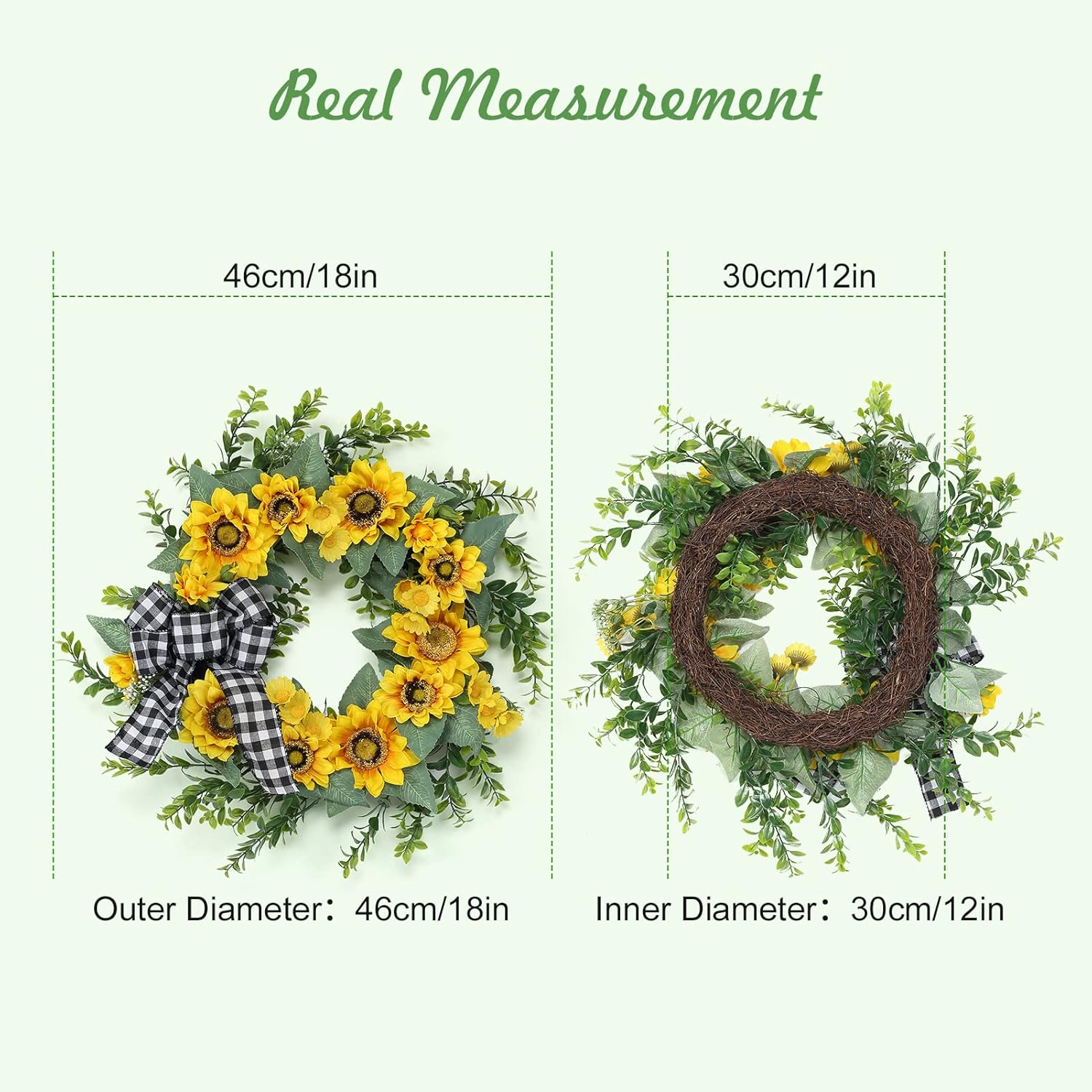 Adeeing Corona de girasol de primavera y verano para puerta delantera, decoración de girasol de 18 pulgadas con hojas verdes, lazo hecho a mano para