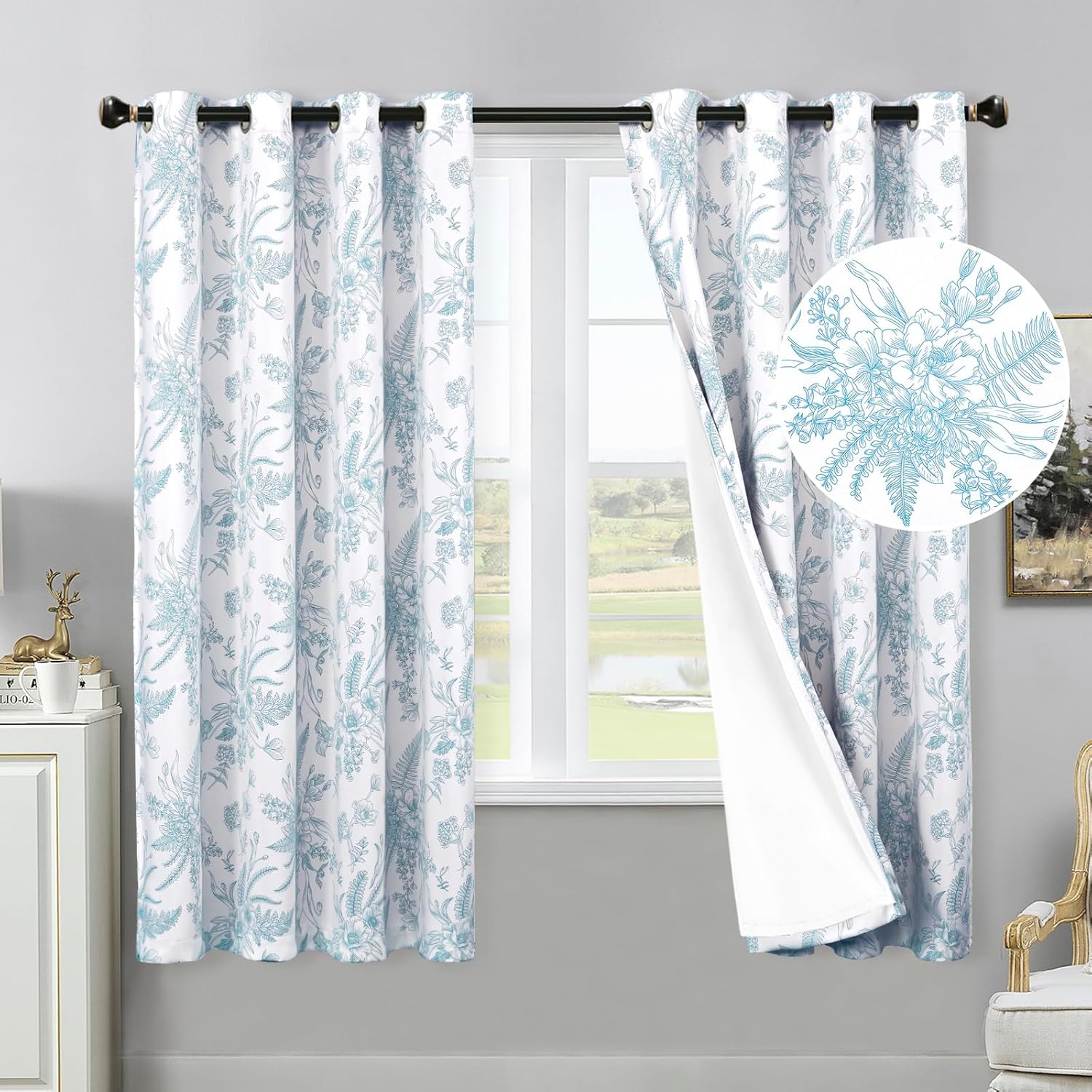 YoungsTex Cortinas opacas florales azules de 63 pulgadas de largo, cortinas gruesas de doble capa con ojales impresos para oscurecer la habitación,