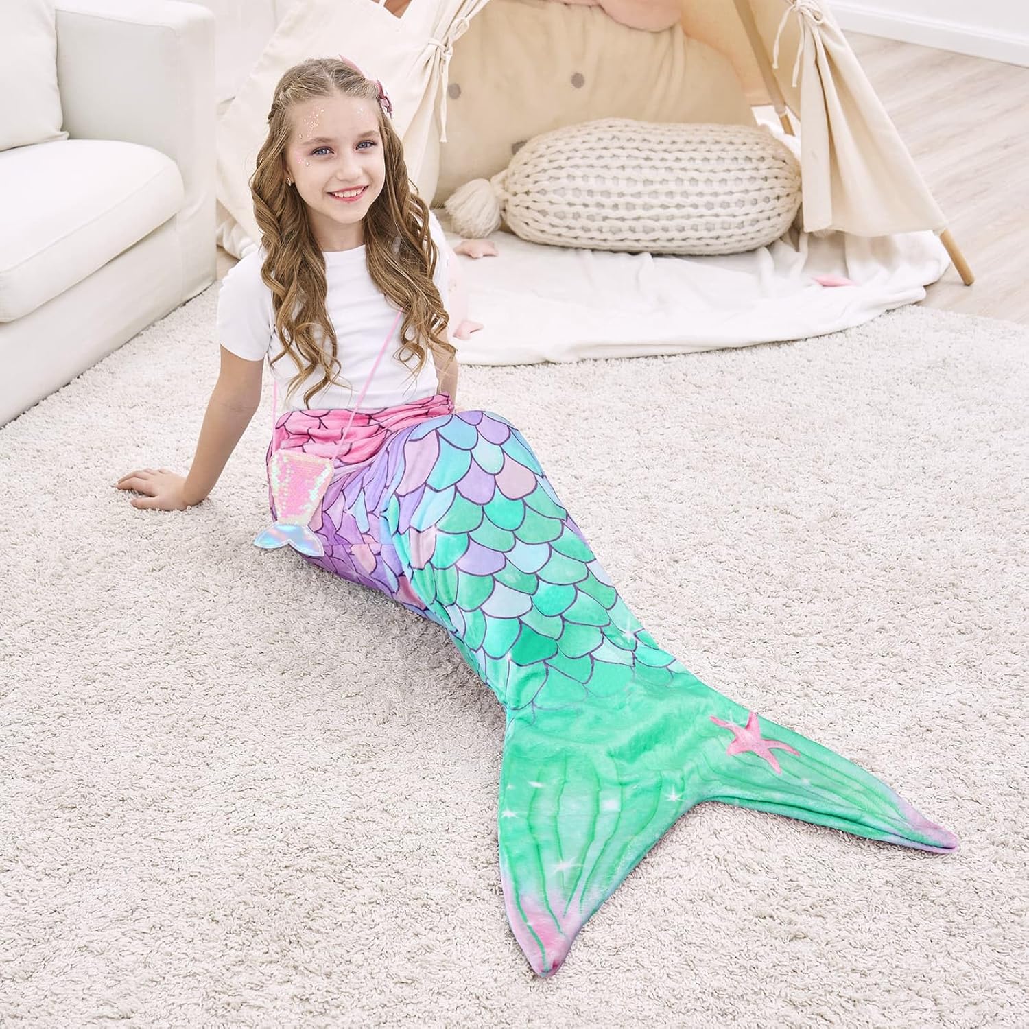 Manta de cola de sirena para niñas y niños, manta de sirena con monedero, manta de franela suave para acurrucarse, juego de regalo de cumpleaños