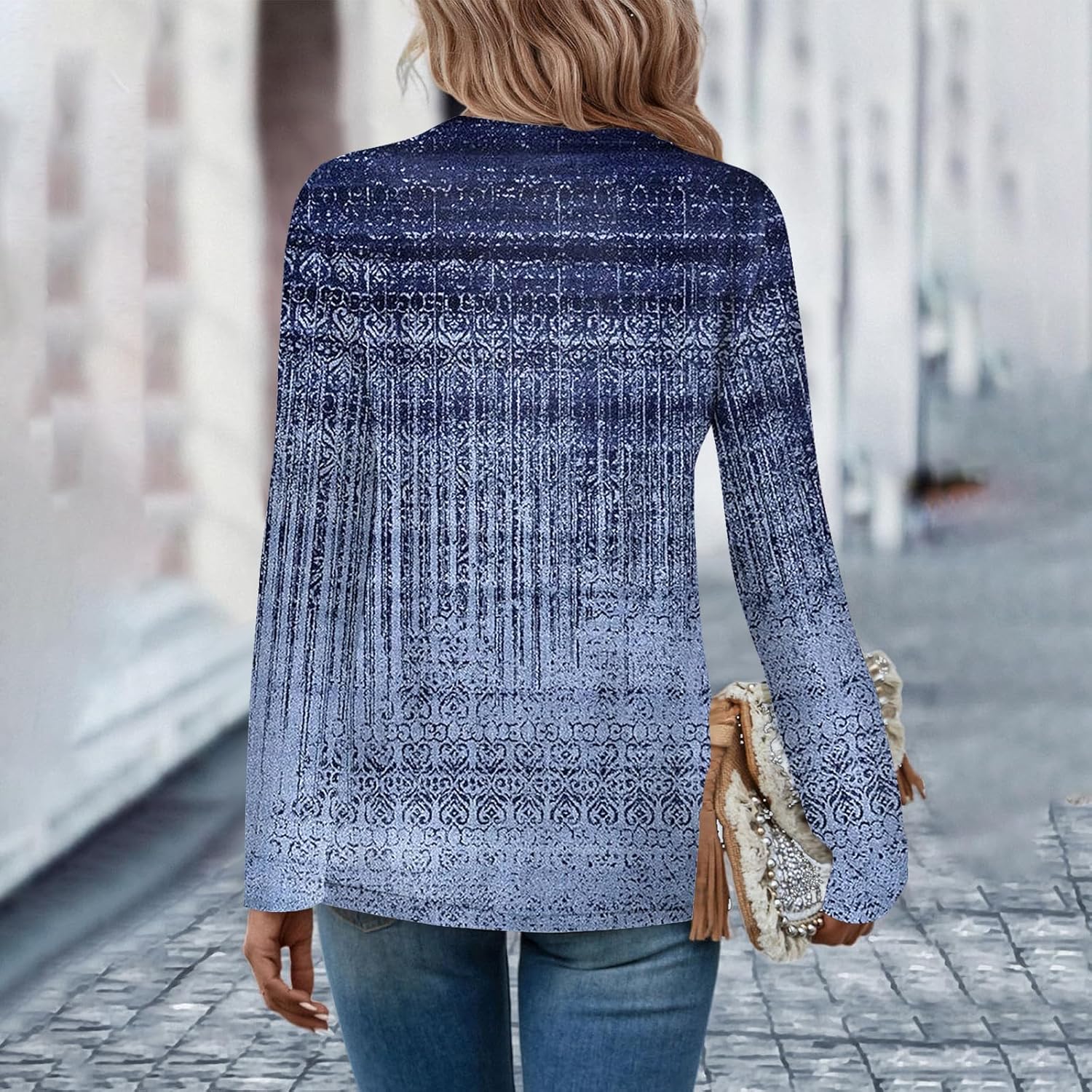 Camisetas para mujer, diseño étnico, floral, bohemio, manga larga, cuello Henley, cuello en V, con botones