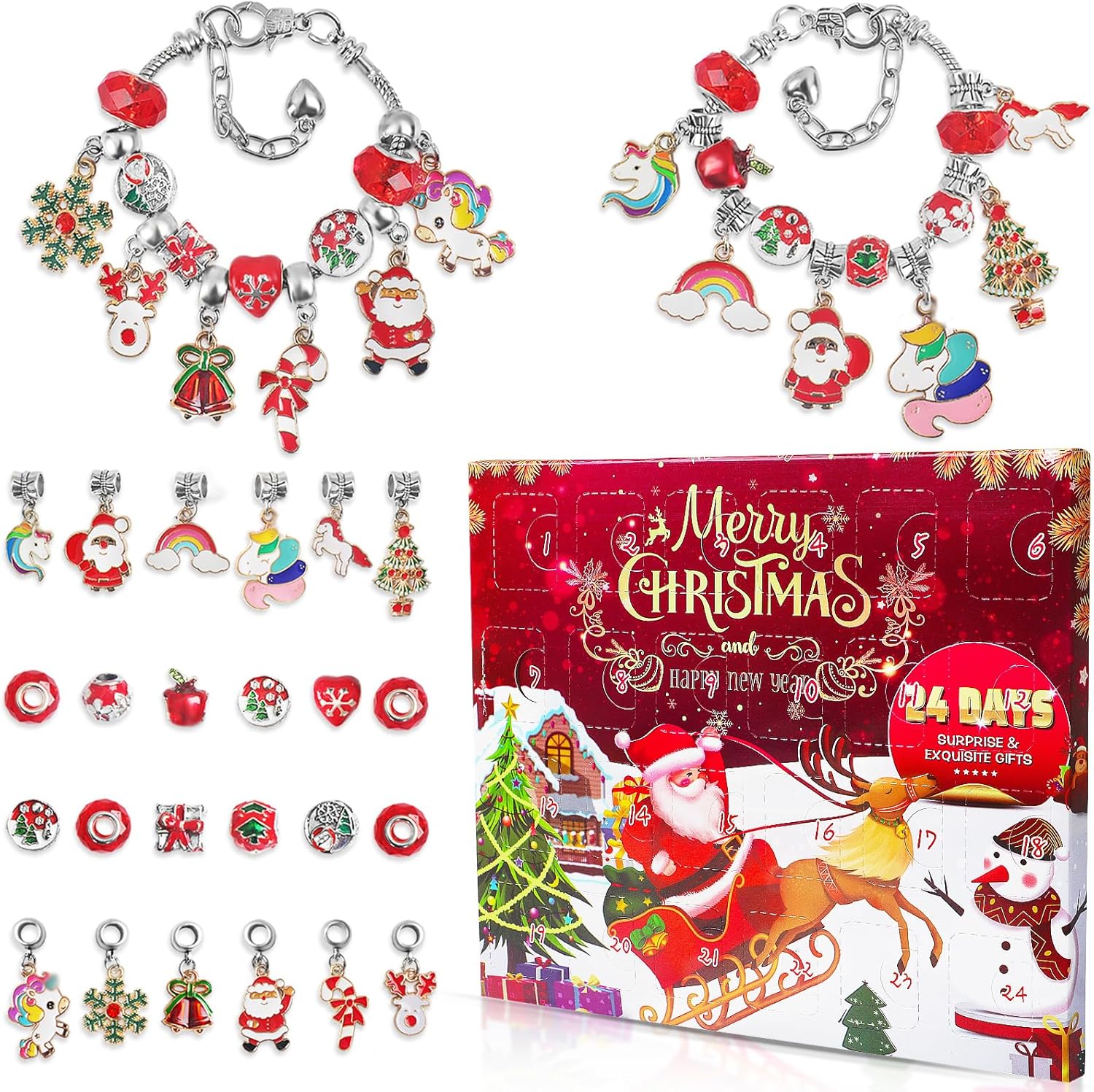 2023 Christmas Advent Calendar Charm Bracelets for Girls, SIXNIE 24-Days Xmas Countdown Calendar with 2pcs DIY Charm Bracelets Kits, Creative