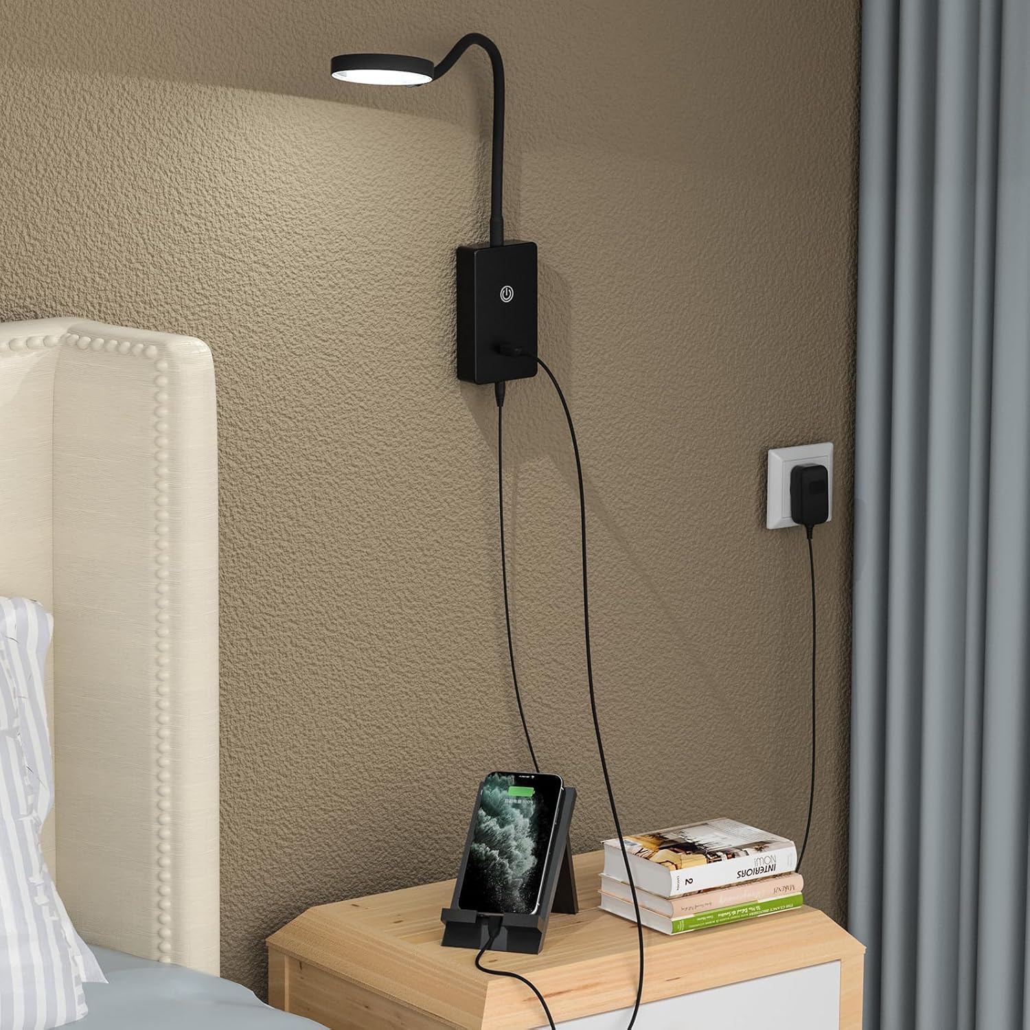 Luz de lectura LED de montaje en pared, lámpara de montaje en pared para interiores, lámpara negra de control táctil con salida USB de 5 V 2 A,