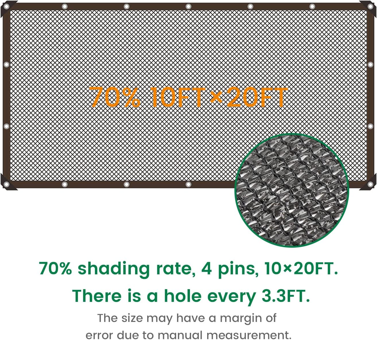 70 % de tela negra de 10 x 20 pies, protector solar para exteriores con ojales, malla duradera para sombreado, anticongelante para patio, jardín,