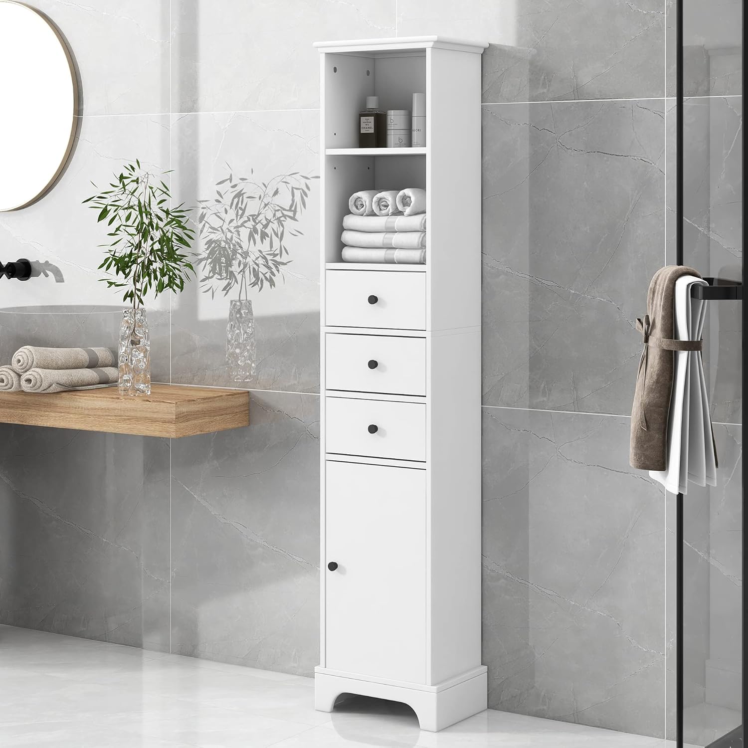 EPOFIT Armario de almacenamiento alto para baño con 4 estantes y cajón de almacenamiento, armarios de baño blancos independientes, gabinete estrecho