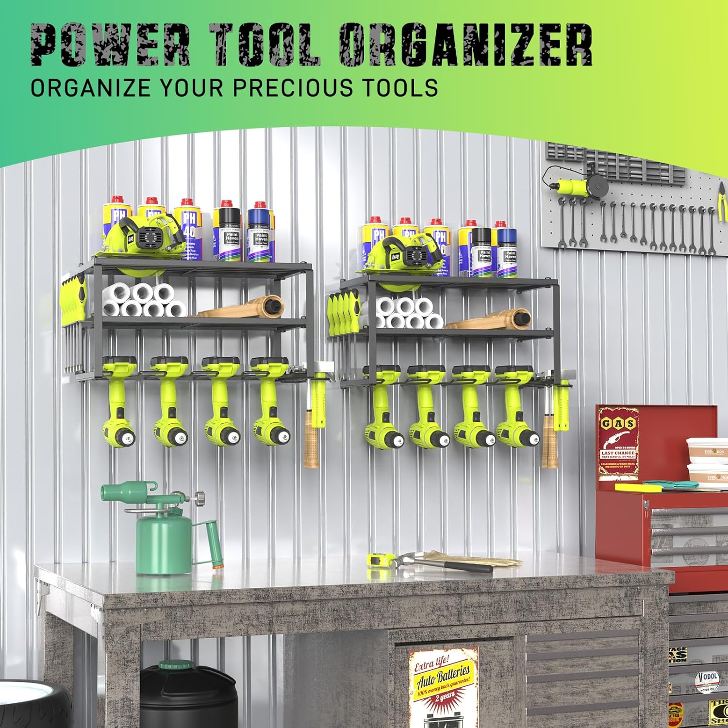 Organizador de herramientas eléctricas de acero resistente de 3 niveles, negro mate, 3 capas, taladro inalámbrico, estante flotante montado en la
