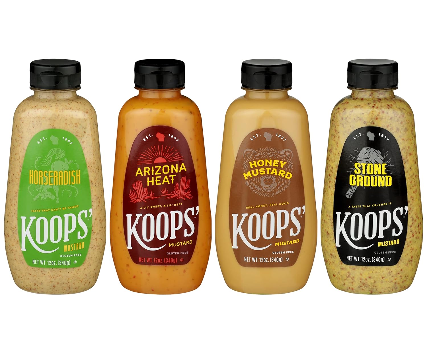 Koops’ Fan Favorites Paquete variado de mostaza, rábano picante, calor de Arizona, mostaza de miel y tierra de piedra, sin gluten, kosher, fabricado