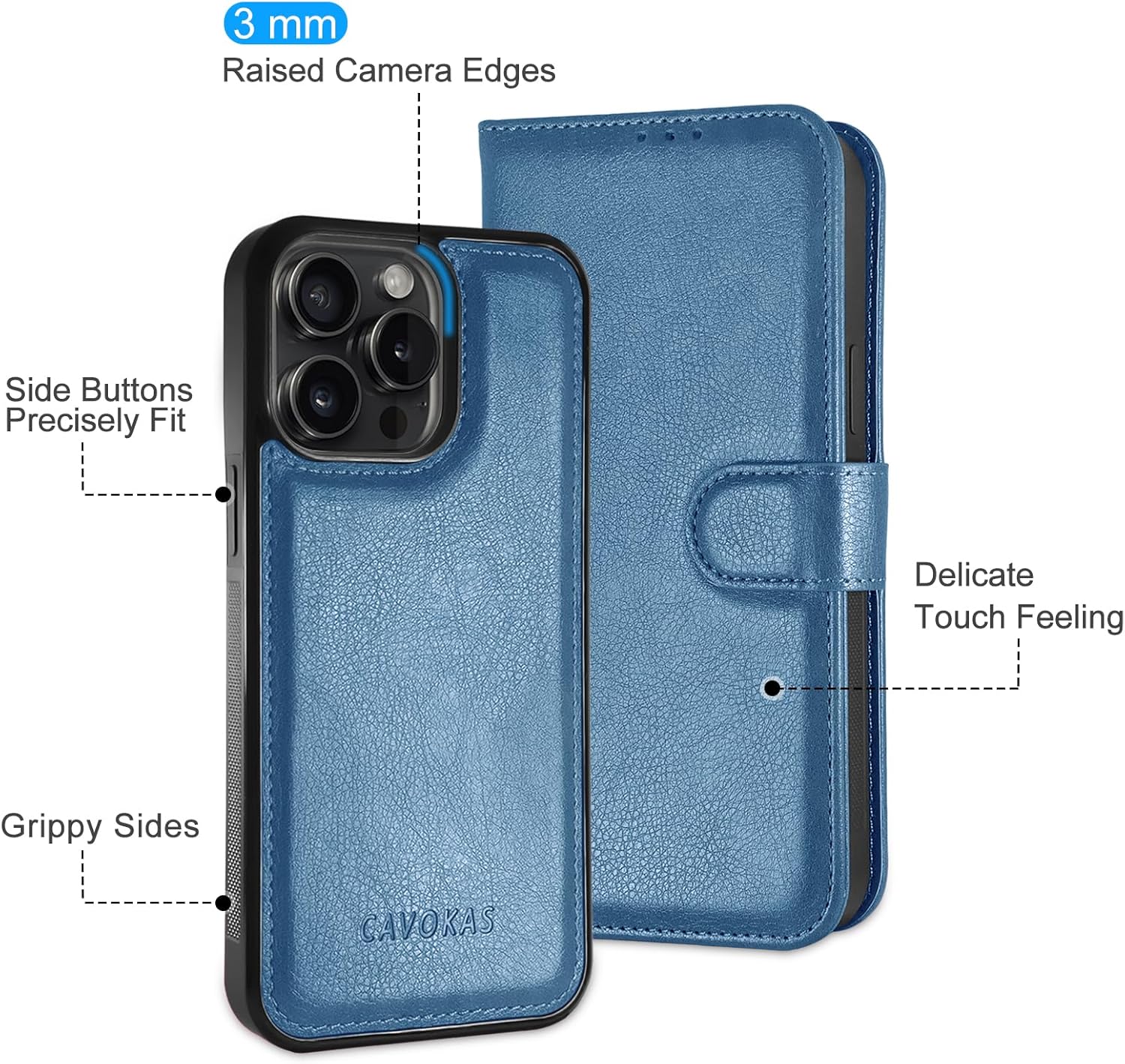 CAVOKAS Funda tipo cartera para iPhone 15 Pro Max con soporte para tarjetas, funda de cuero magnética fuerte desmontable, compatible con carga