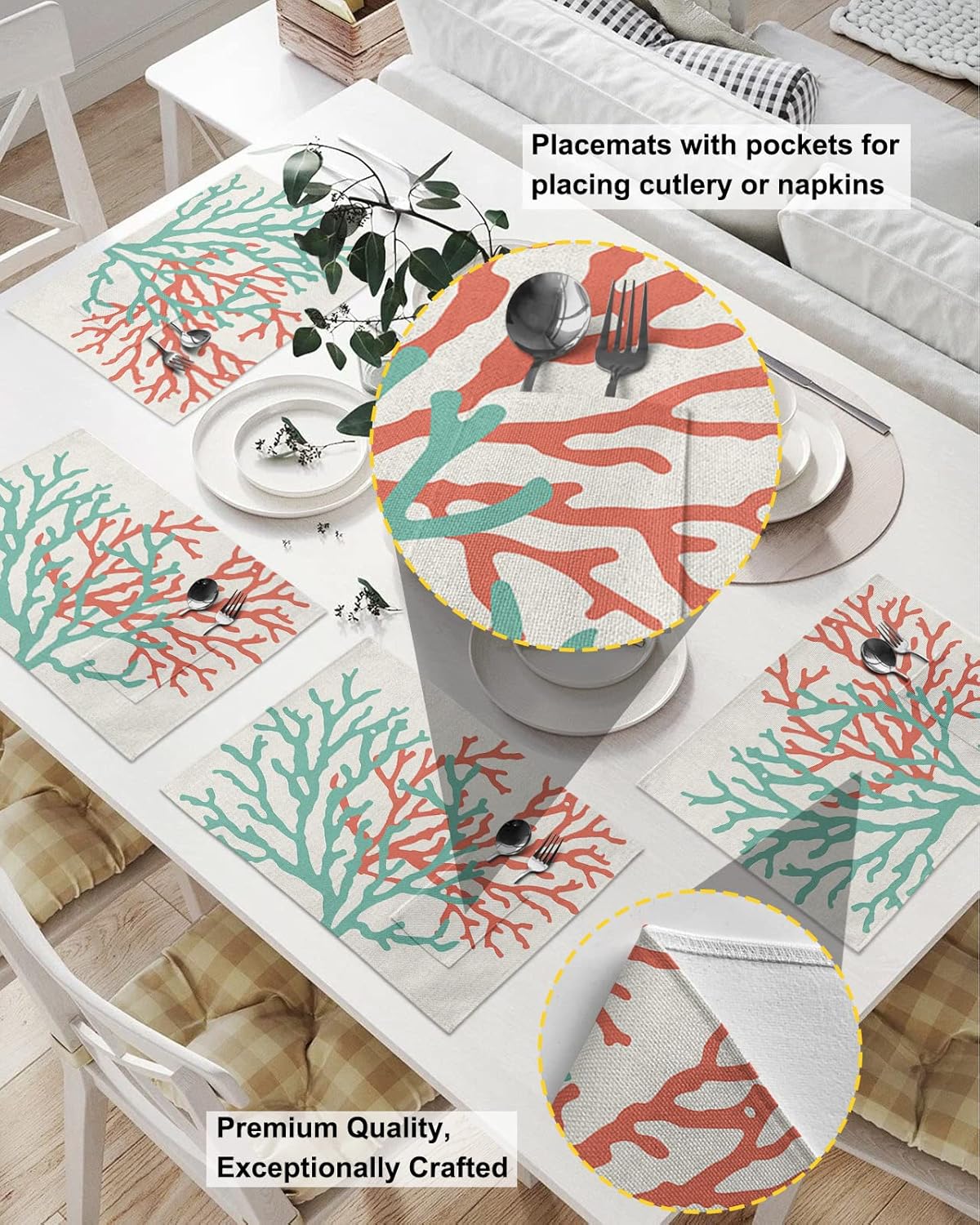 Juego de 6 manteles individuales de color coral para mesa de comedor, tela de lino de algodón con bolsillo, arpillera cuadrada, rectangular,
