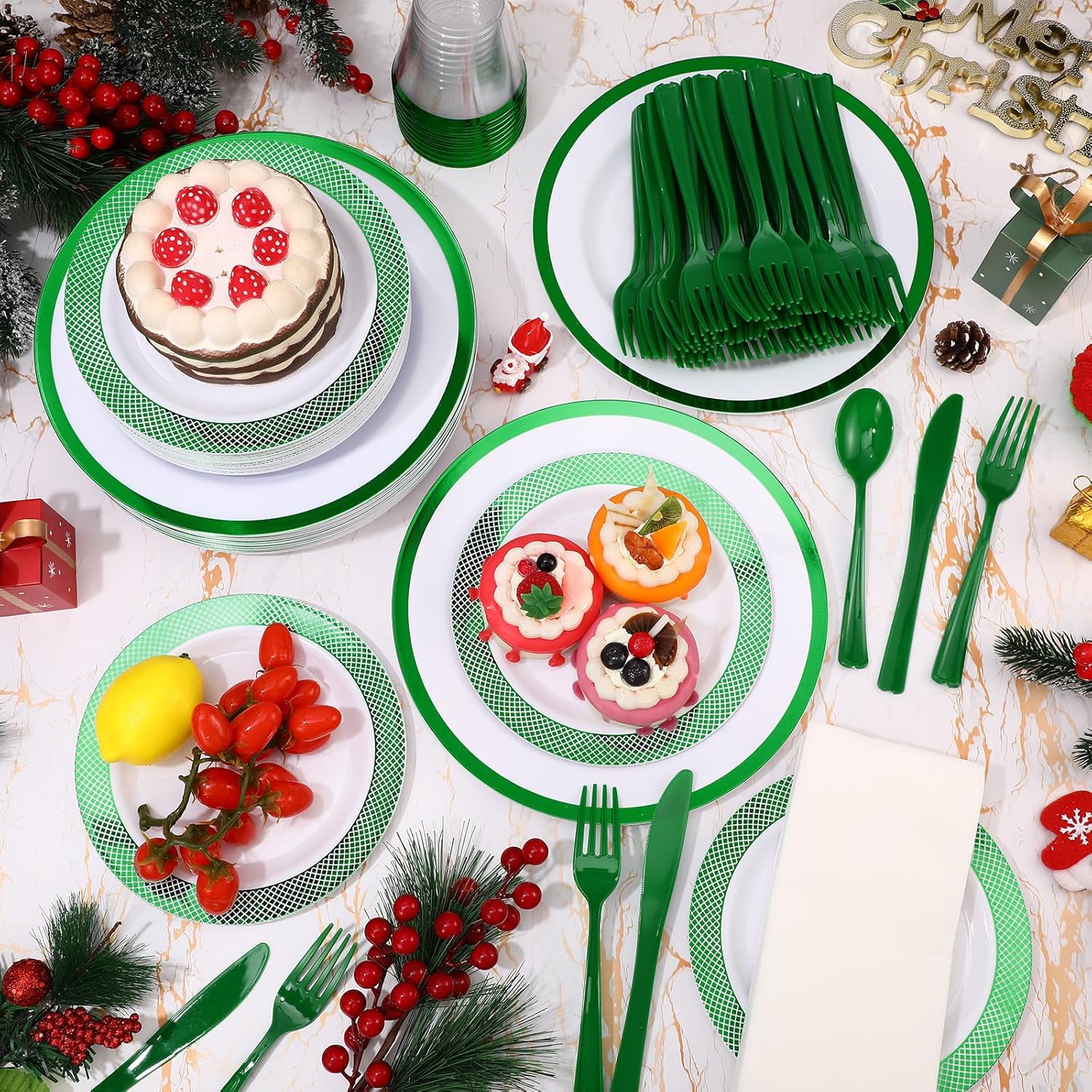 Yaomiao Juego de 350 platos desechables de Navidad con adornos para fiestas de Navidad, vajilla de plástico 90Z, cuchillos, tenedor, cuchara,