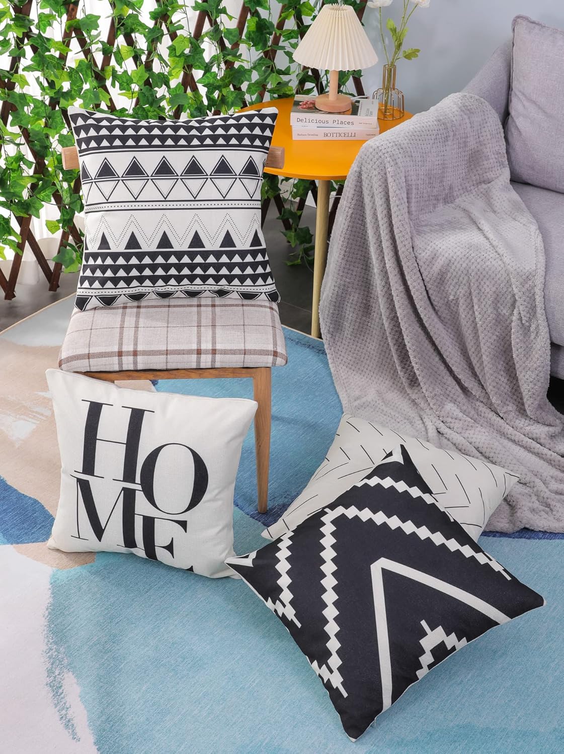 Juego de 4 fundas decorativas de 16 x 16 pulgadas para sofá, fundas cuadradas en blanco y negro para cojines de cama y decoración de sala de estar