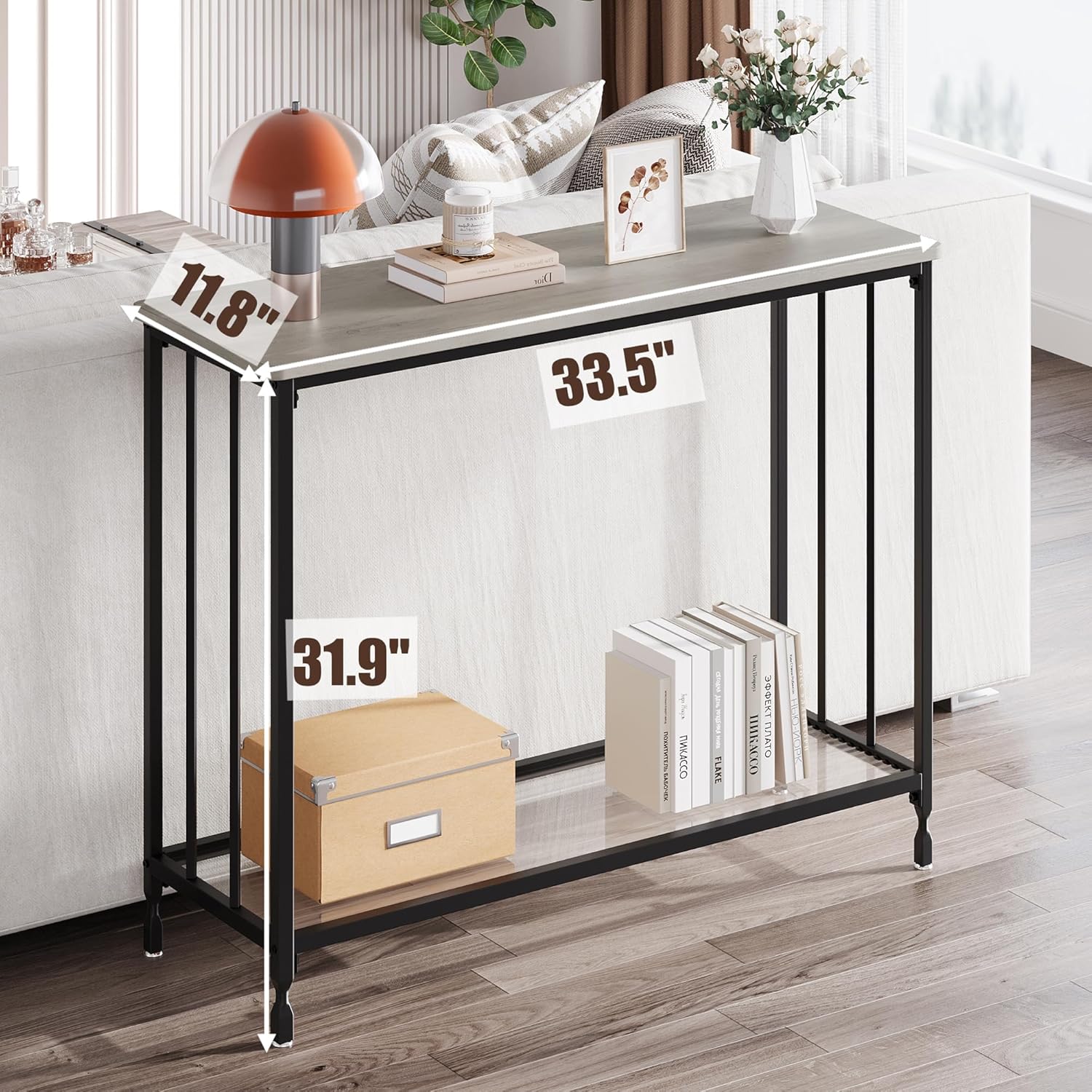 IDEALHOUSE Mesa consola, mesas de sofá, mesa de entrada estrecha con estante de vidrio y marco de metal, mesa de pasillo industrial de 33.5 pulgadas