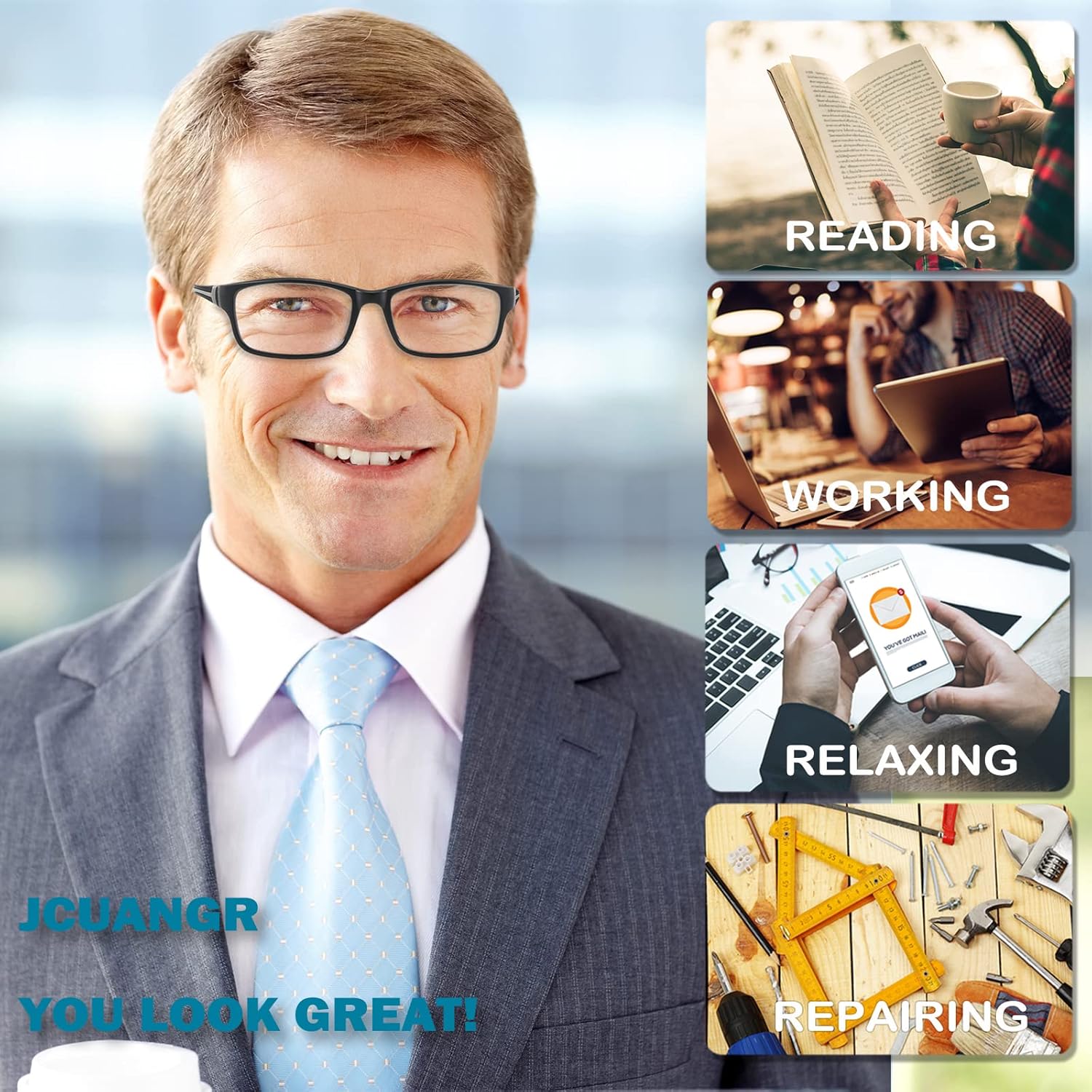 JCUANGR Photochromic Reading Glasses for Men,Wide Transition Sun Sport Readers,Large Stylish Blue Light Computer Eyeglasses