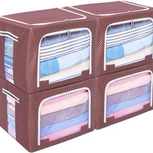 Caja de contenedores de almacenamiento de ropa con marco de acero apilable Ventana transparente plegable para ropa de cama de suéter Caja de contenedores de almacenamiento de ropa con marco de acero apilable Ventana transparente plegable para ropa de cama de suéter