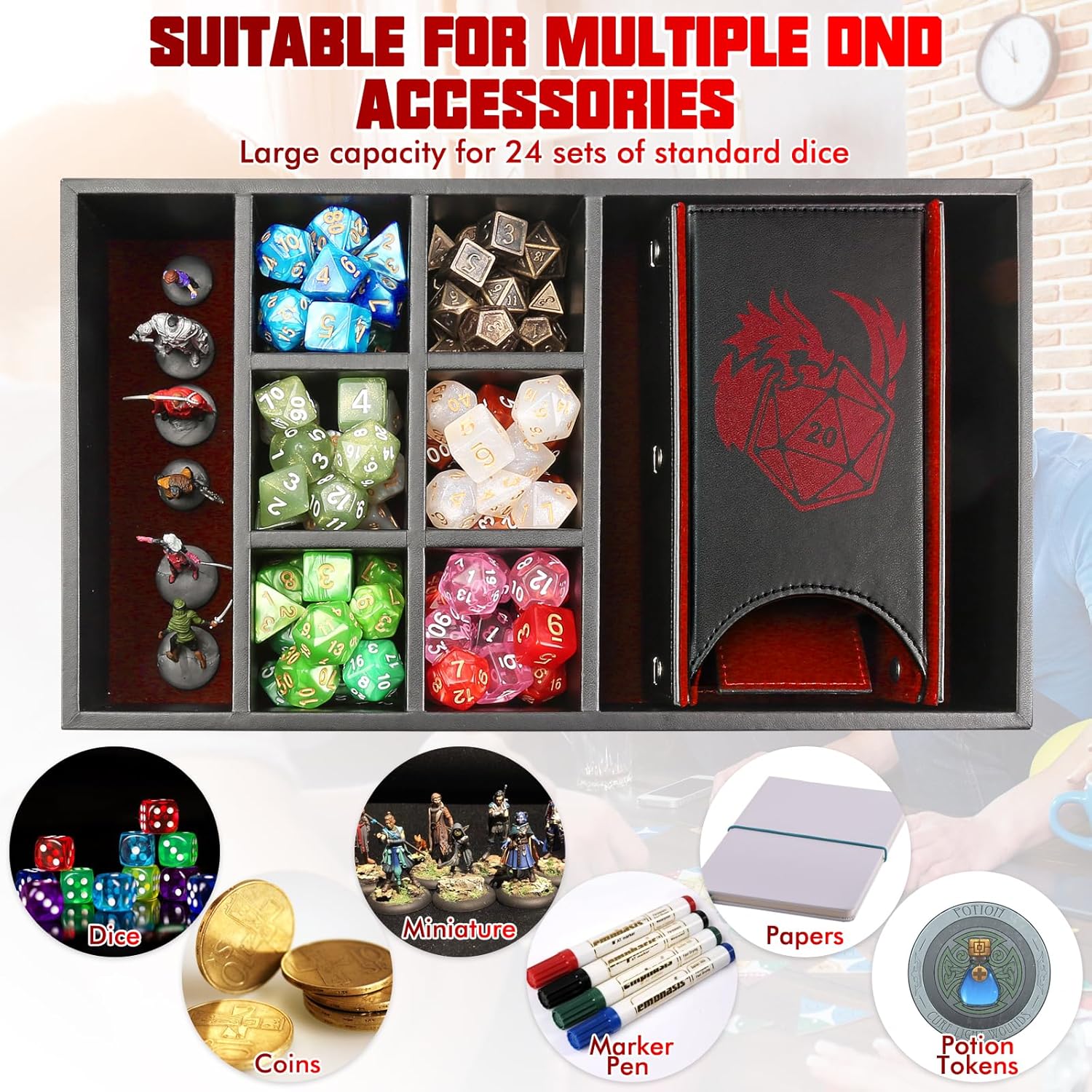 Bandeja de dados DND y caja de almacenamiento de torre, 4 en 1, estuche para dados D&D (bandeja rodante de dados, torre de rodillos de dados,