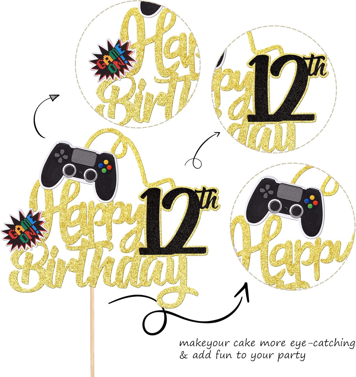 1 pieza de decoración de pastel de feliz cumpleaños 12 con purpurina para videojuego, juego de selección de pasteles en controladores, 12 saludos a