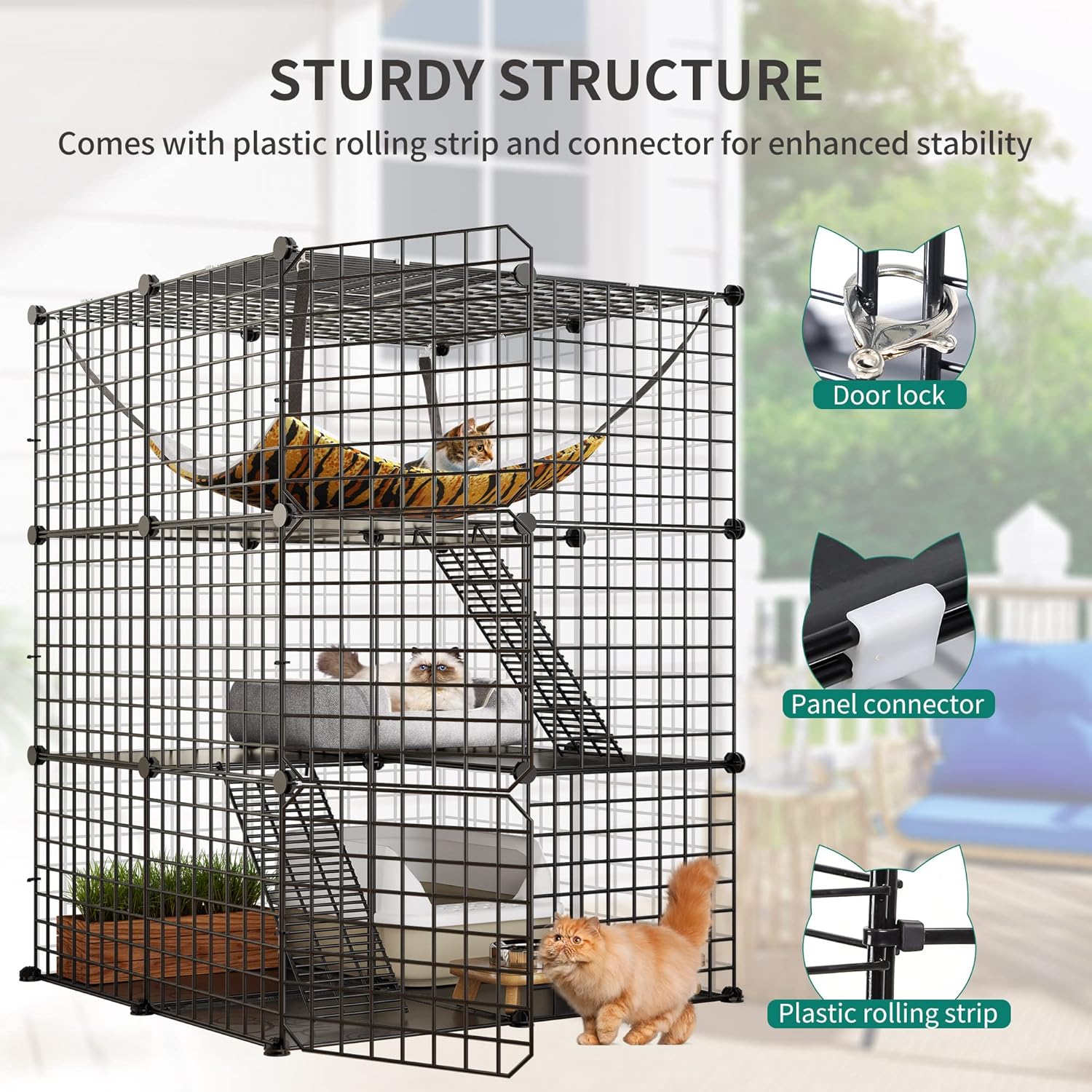 YITAHOME Jaula para gatos de interior Catio DIY para gatos, corralito de metal para gatos de 3 niveles, jaula para mascotas con hamaca extra grande