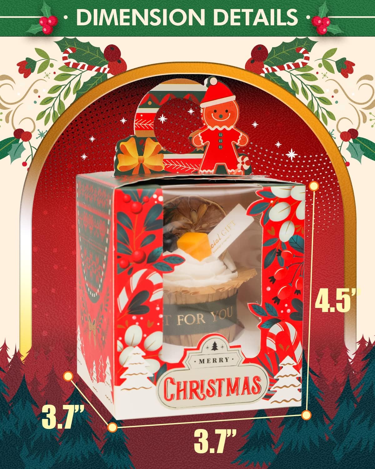 qiqee Cajas individuales de cupcakes de Navidad, 50 unidades, cajas de magdalenas individuales con ventana 3.7 “3.7” x 4.5 ” caja de magdalenas para