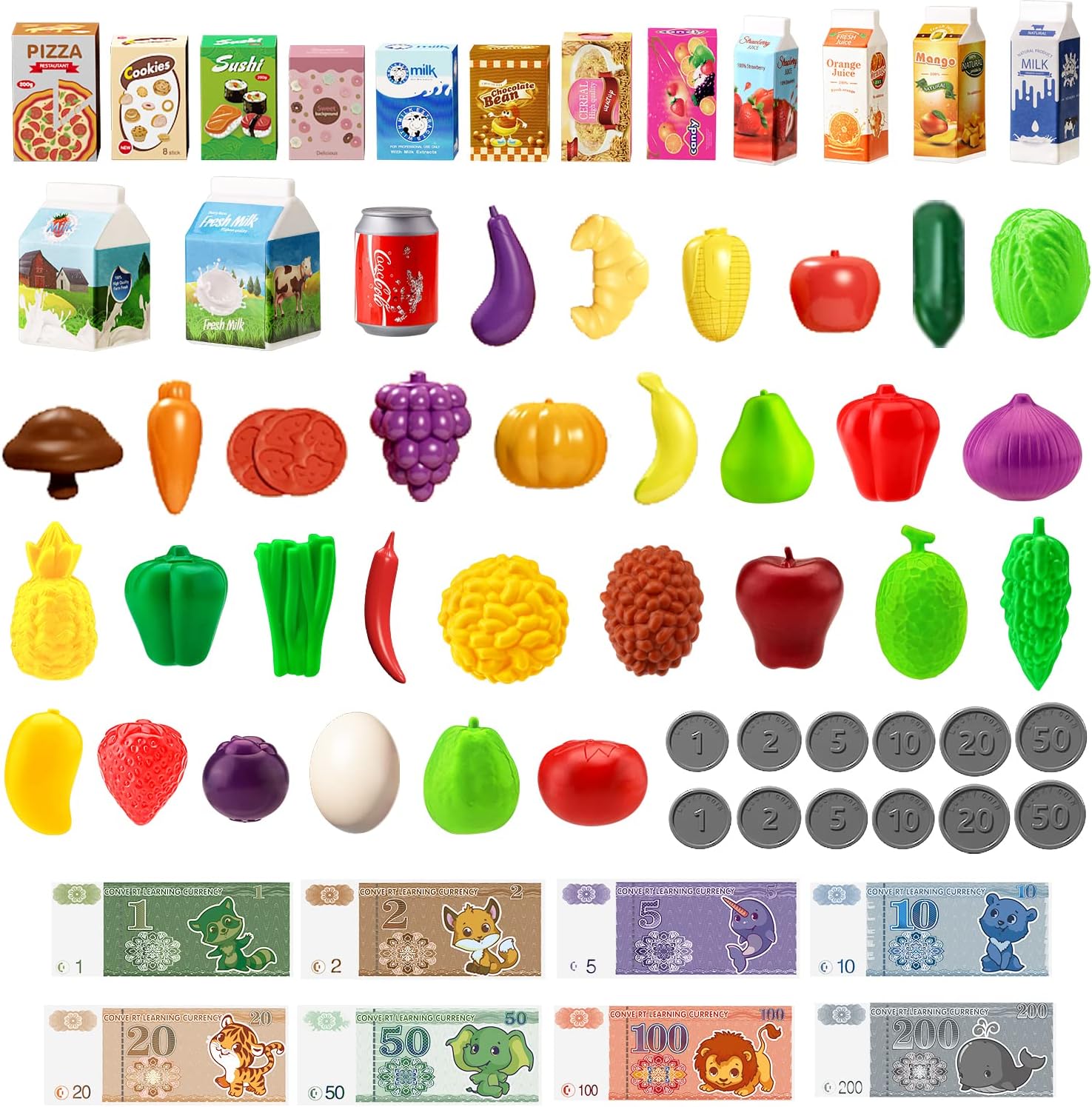 Juego de carrito de compras para niños de 98 piezas con comida de simulación y accesorios, perfecto para juegos de simulación y juegos de rol (rojo