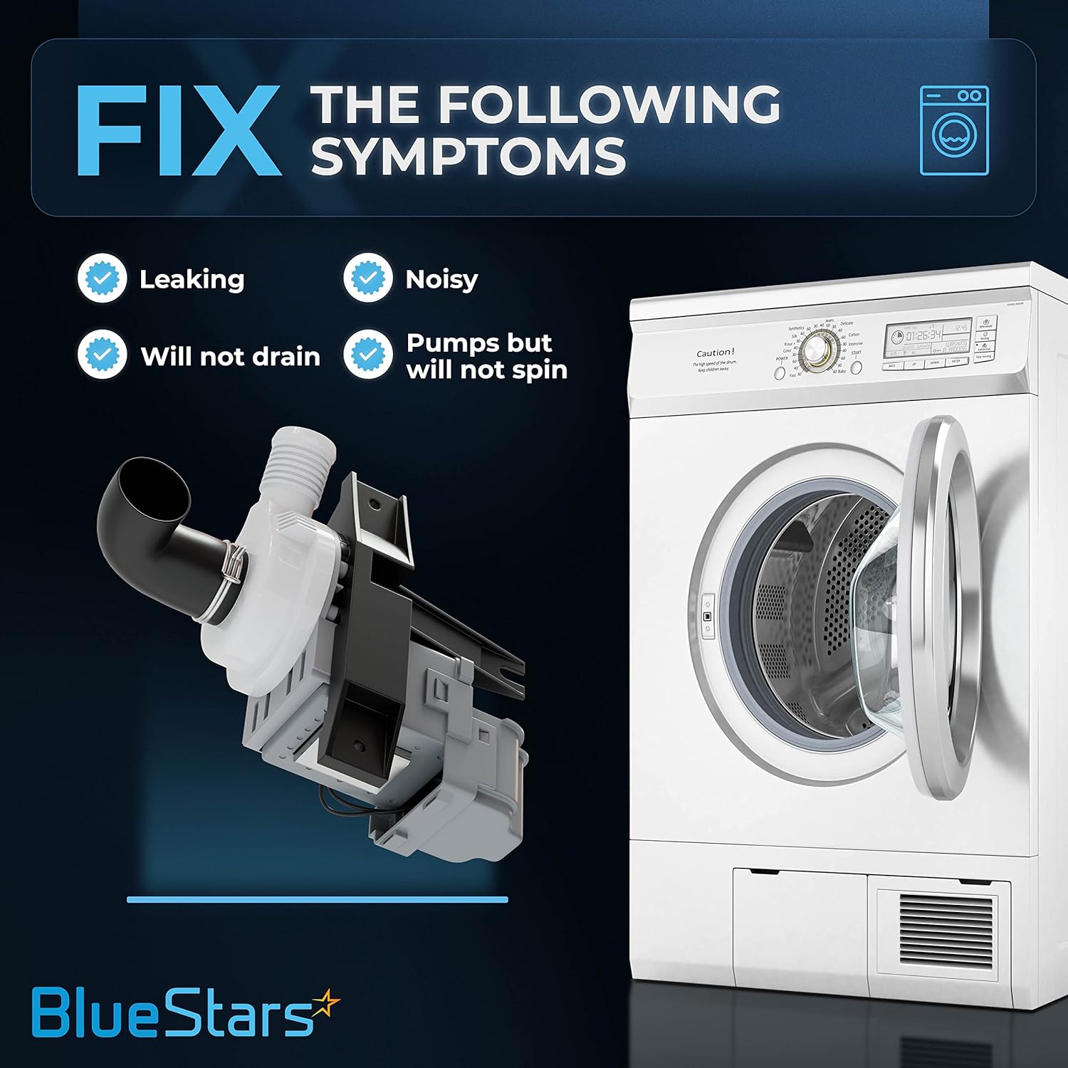 BlueStars – Repuesto de bomba de drenaje de lavadora ultra duradera W10536347 de BlueStars – Ajuste exacto para lavadoras Whirlpool Kenmore –