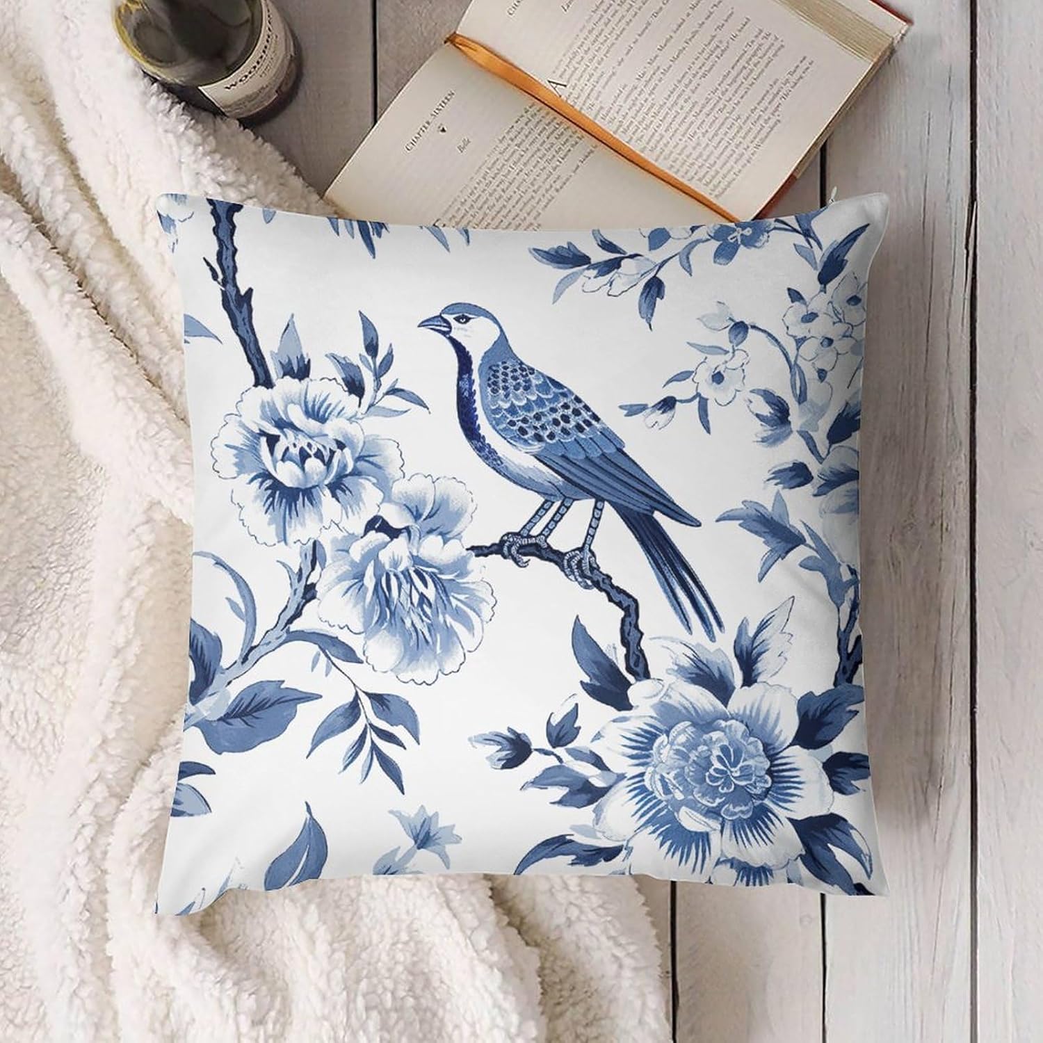 Funda de almohada floral de pájaro de terciopelo azul índigo, fundas de cojín chinoiserie, fundas de almohada de granja para decoración del hogar