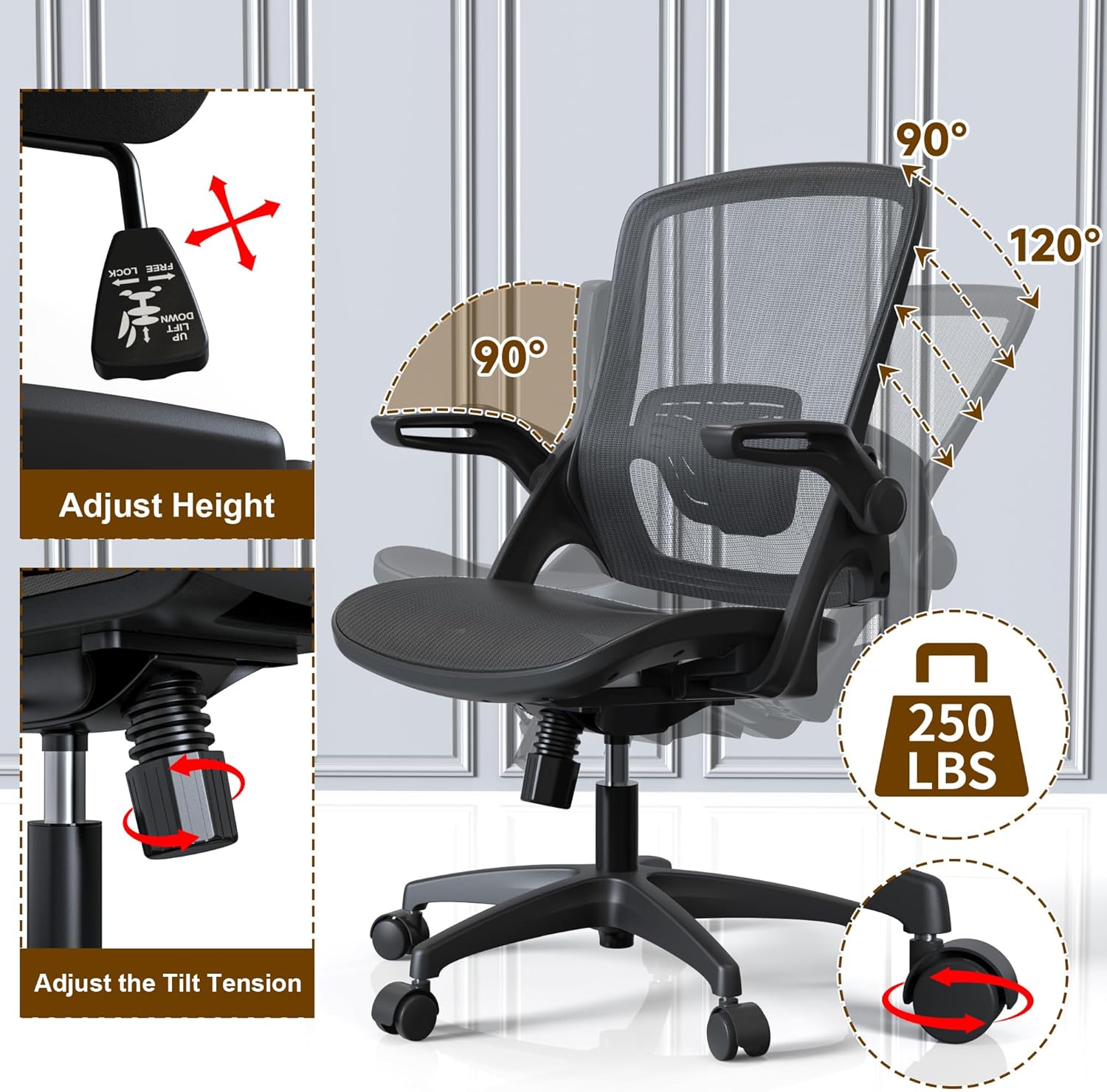 KOLLIEE Silla de oficina en casa de malla ergonómica giratoria con soporte lumbar ajustable, cómoda silla de computadora negra con brazos abatibles