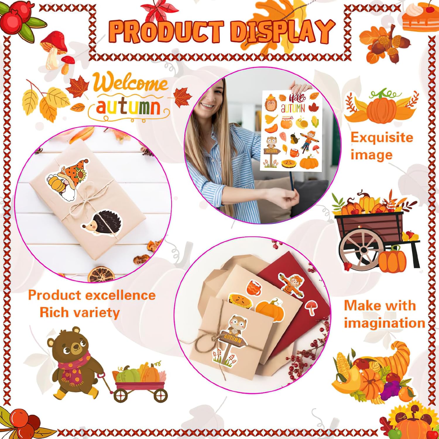 16 hojas de calcomanías de Acción de Gracias, calcomanías de otoño para niños, hojas de arce de otoño, calcomanías de lindas calcomanías de