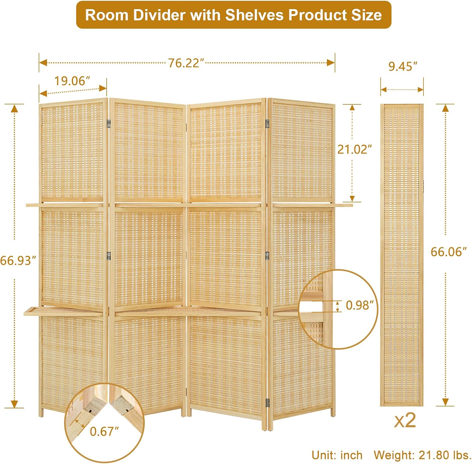 Salfanre Divisor de habitación con estantes, separadores de habitación y pantallas plegables de privacidad, divisor de habitación de bambú, divisor