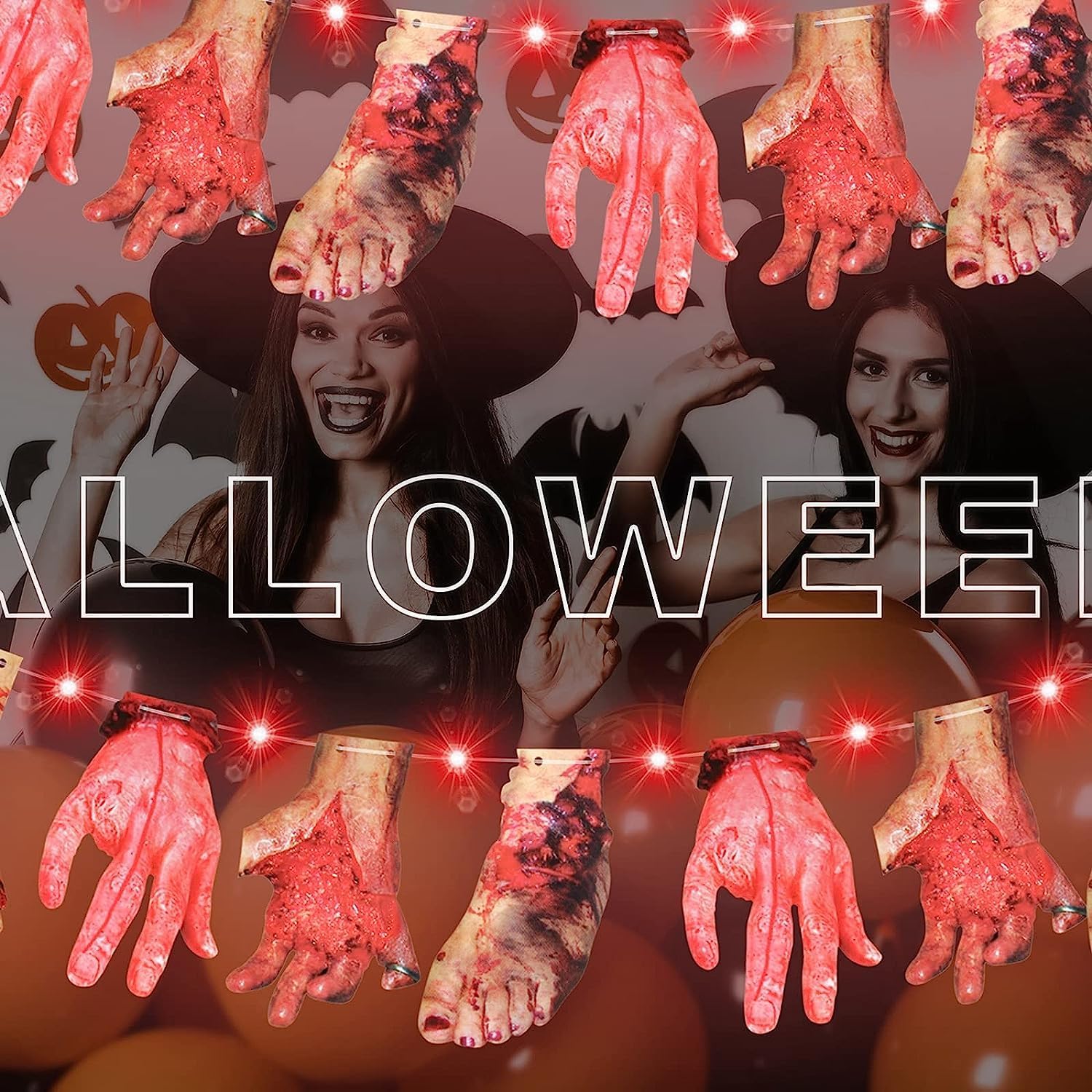 Luces LED rojas de Halloween con manos y pies sangrientos, decoración de tarjetas de cartel colgantes de 9.8 pies, 30 luces LED rojas, 2 modos de