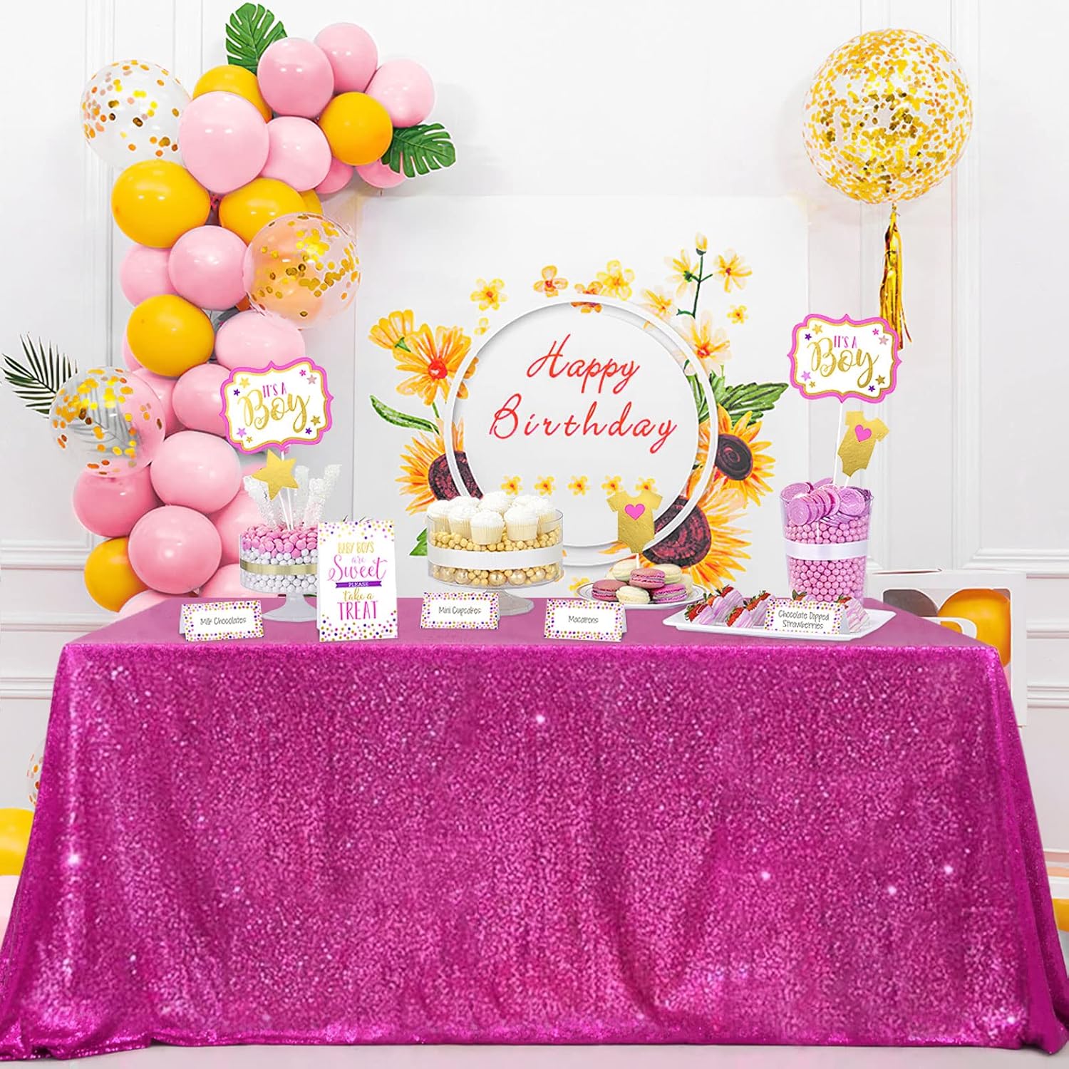 Mantel rectangular con lentejuelas de 50 x 80 pulgadas, tela brillante color fucsia, para decoración de cumpleaños, despedida de soltera, fiesta