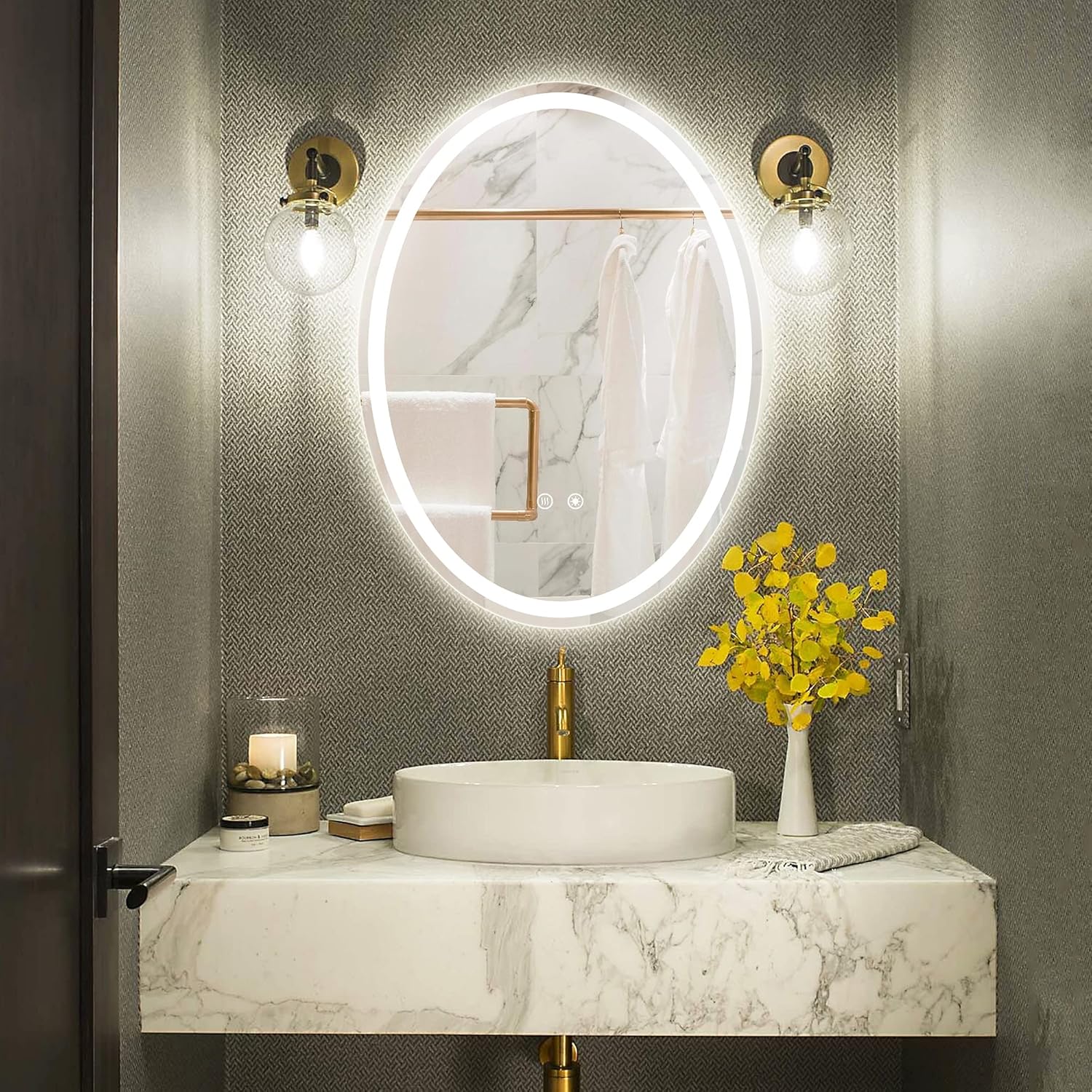 TokeShimi Espejo de baño LED ovalado de 24 x 32 pulgadas, espejo iluminado antivaho, espejo retroiluminado para baño, espejo regulable para montaje