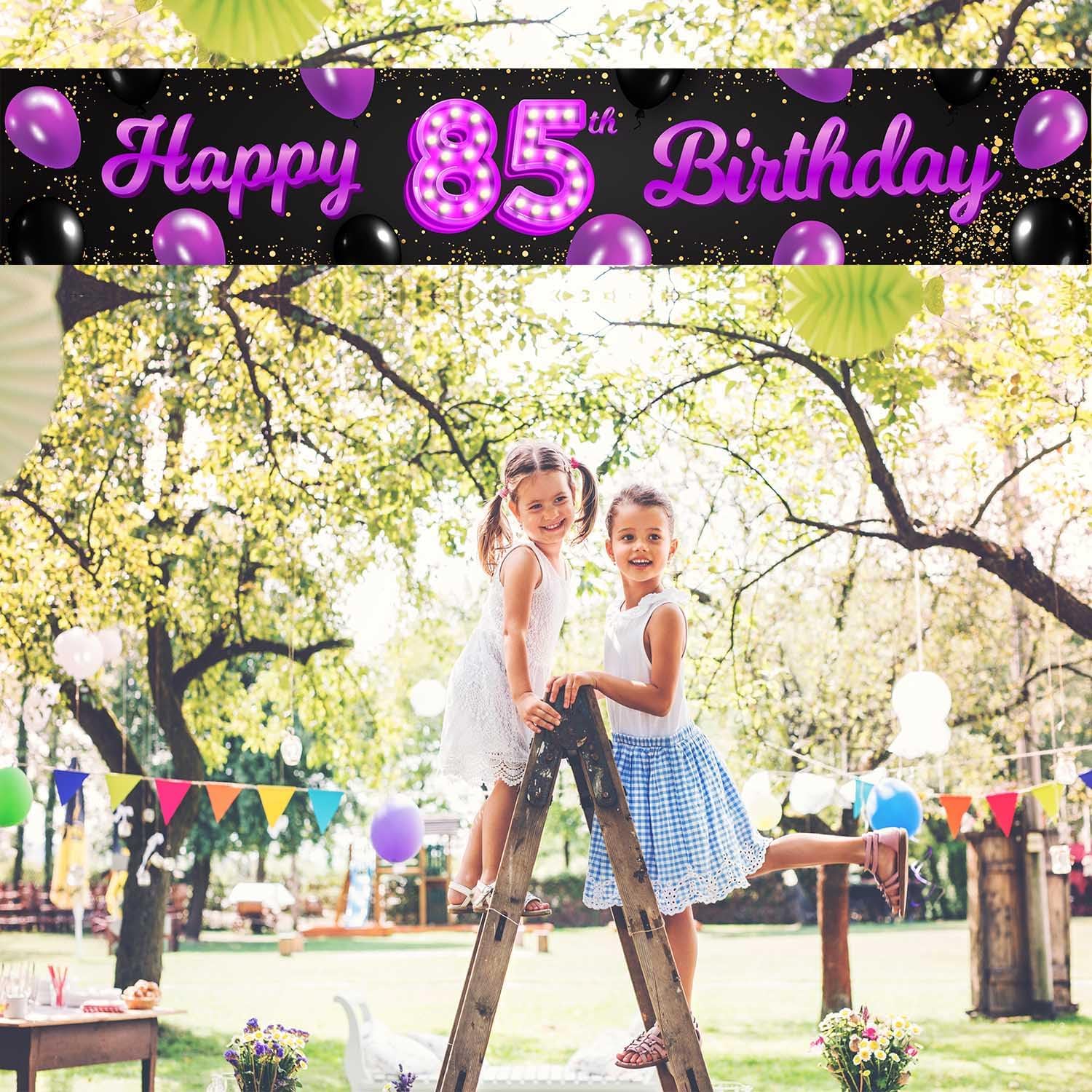 Cartel de feliz cumpleaños 85 morado y negro, decoración temática de globos de confeti para mujeres de 85 años, suministros de fiesta de cumpleaños,