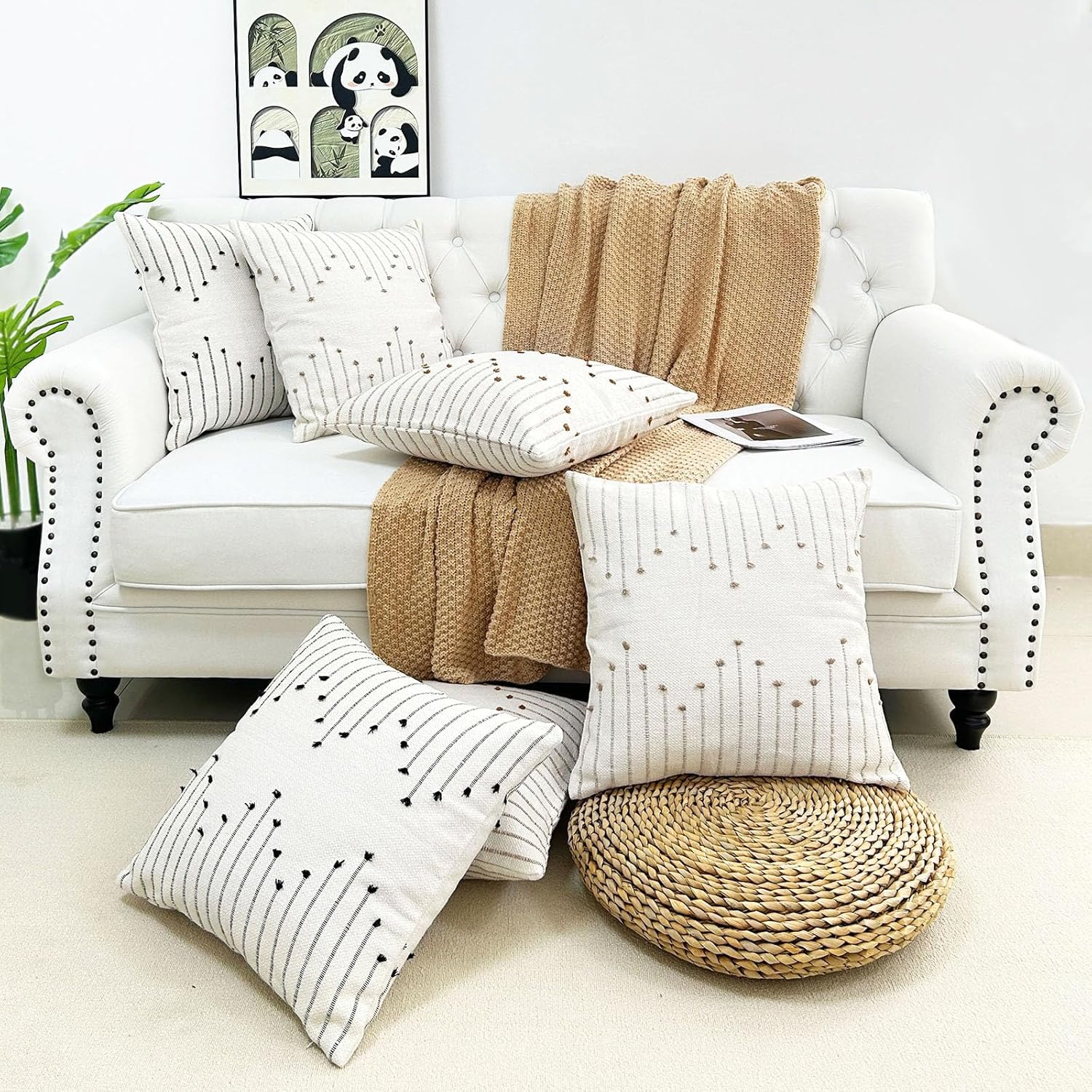 LMYUHONG Juego de 2 fundas de almohada bohemias de 18 x 18 pulgadas, modernas, rústicas, de lino y algodón, decorativas, color blanco, funda de