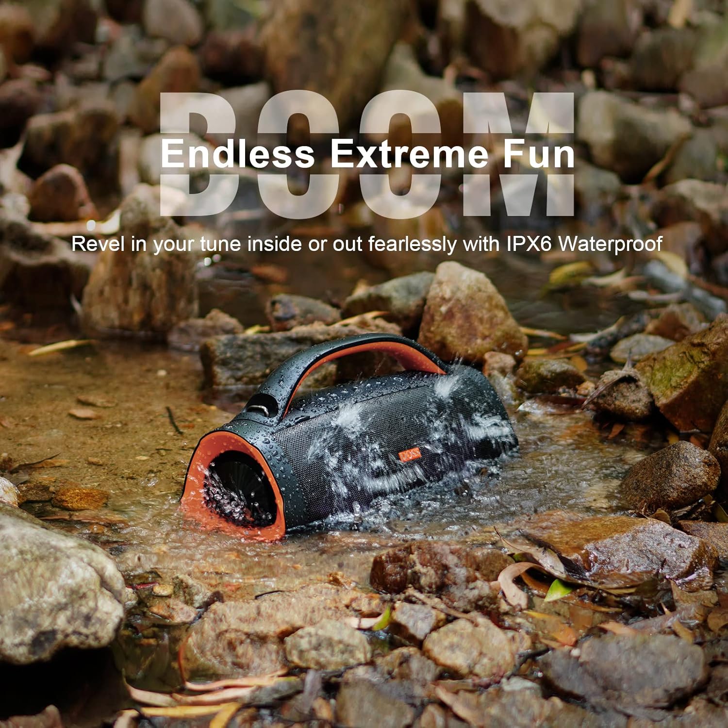 DOSS Extreme Boom+ IPX6 – Altavoz impermeable para exteriores con sonido masivo de 100 W, graves extra, tiempo de reproducción de 20 horas, banco de