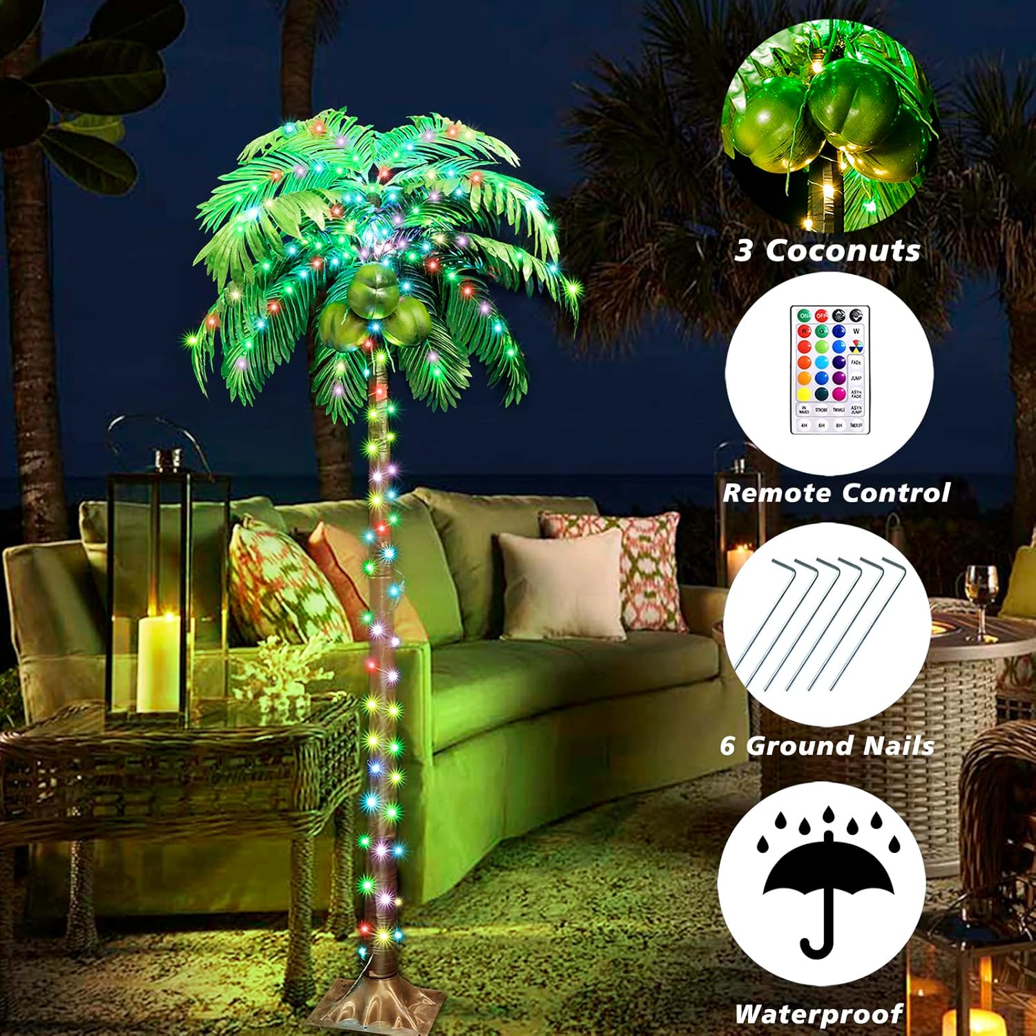 Palmera con luz LED para exteriores, árbol de Navidad que cambia de color, luces de palmera artificial con control remoto, árbol de coco tropical de