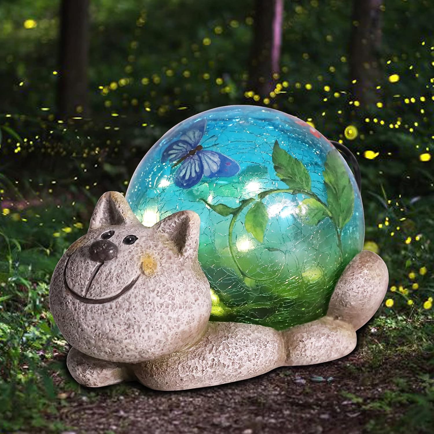 Afirst Estatuas solares de jardín para exteriores, adorno de césped de gato con luces solares de vidrio agrietado, decoración al aire libre para
