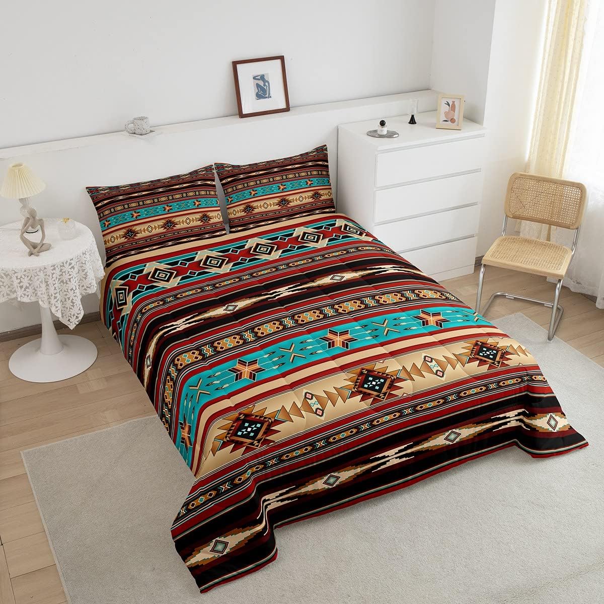 Juego de edredón azteca, étnico tribal étnico, juego de ropa de cama vintage del suroeste nativo bohemio, tamaño individual, relleno de edredón de