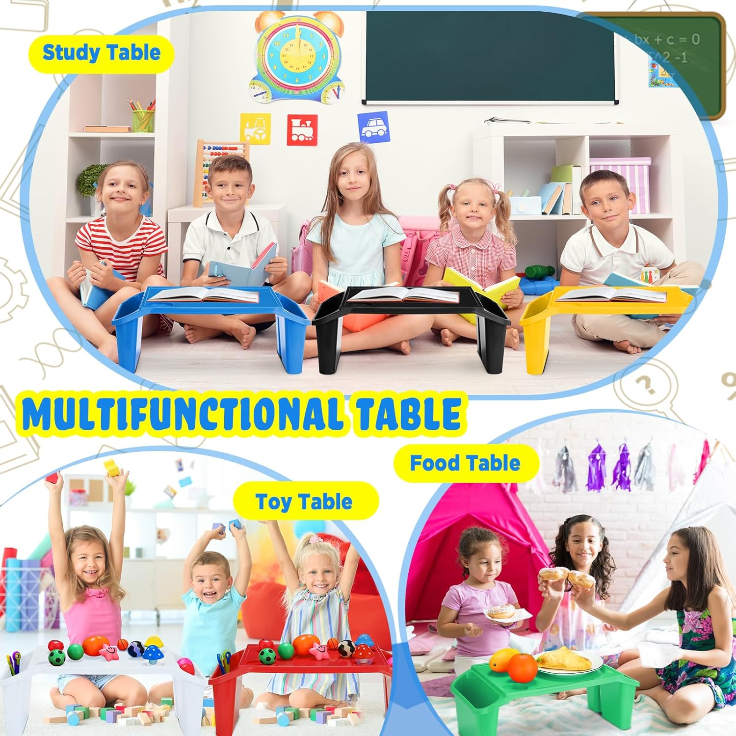Leinuosen 6 bandejas de escritorio para niños con almacenamiento de plástico para desayuno, bandejas para laptop con bolsillos laterales y ranura,