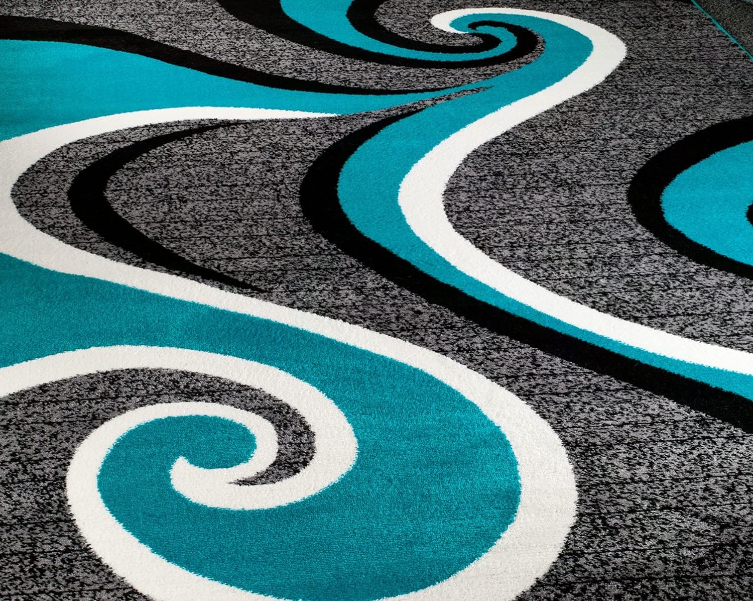 Alfombra y decoración Contempo 37 gris, turquesa, blanco, remolino, moderno, abstracto, alfombra para sala de estar, dormitorio, 3 pies, 9 pulgadas
