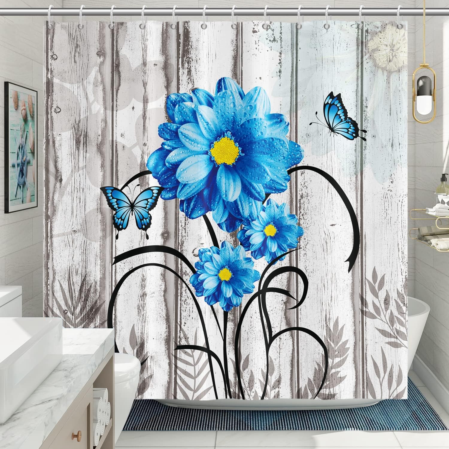 Cortinas de ducha con diseño de mariposas florales para baño, cortina de ducha rústica, tela de margaritas azules sobre madera campestre, juego de