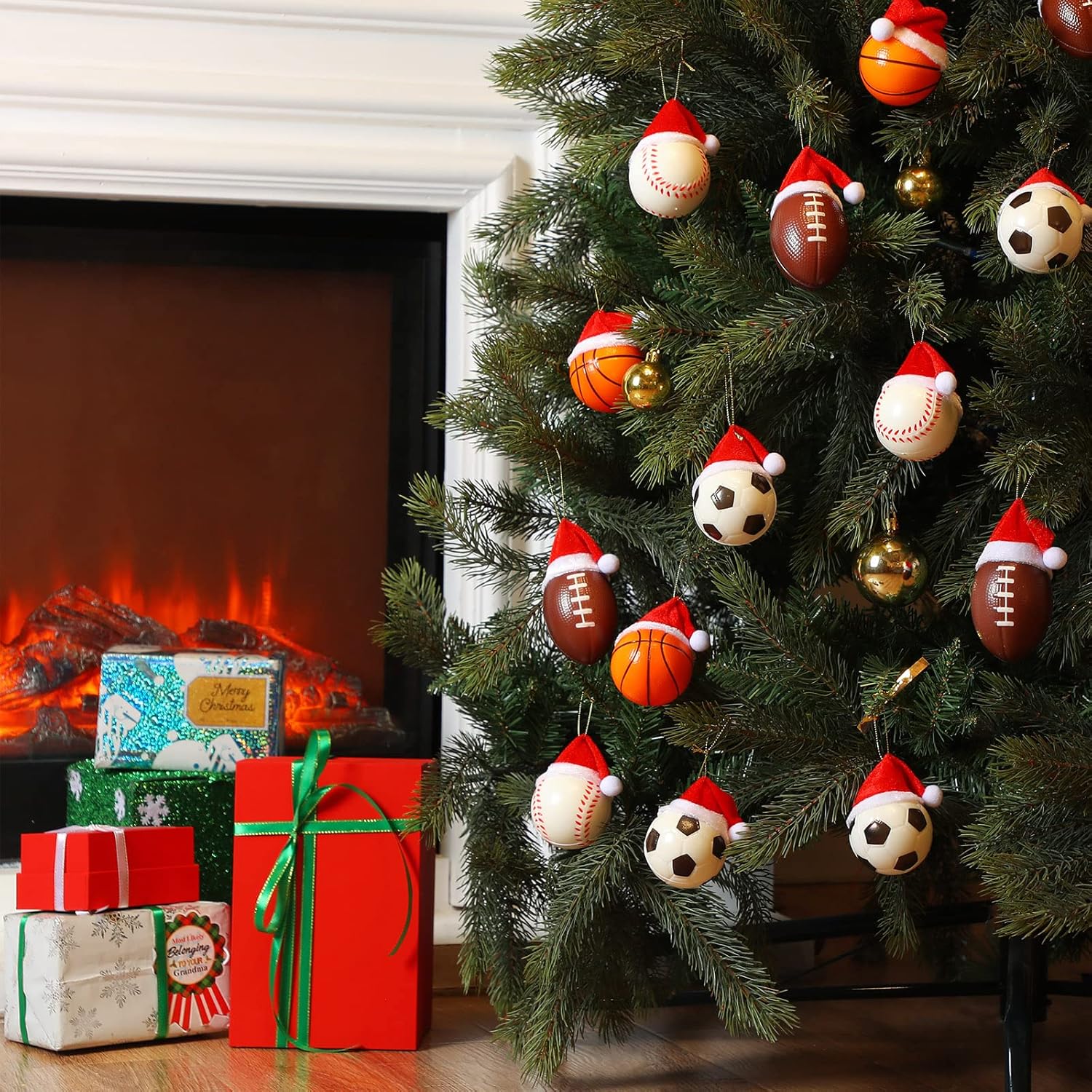 24 bolas deportivas de Navidad con sombrero de Papá Noel extraíble para adornos de árbol de Navidad, regalos de Navidad, decoración del hogar,