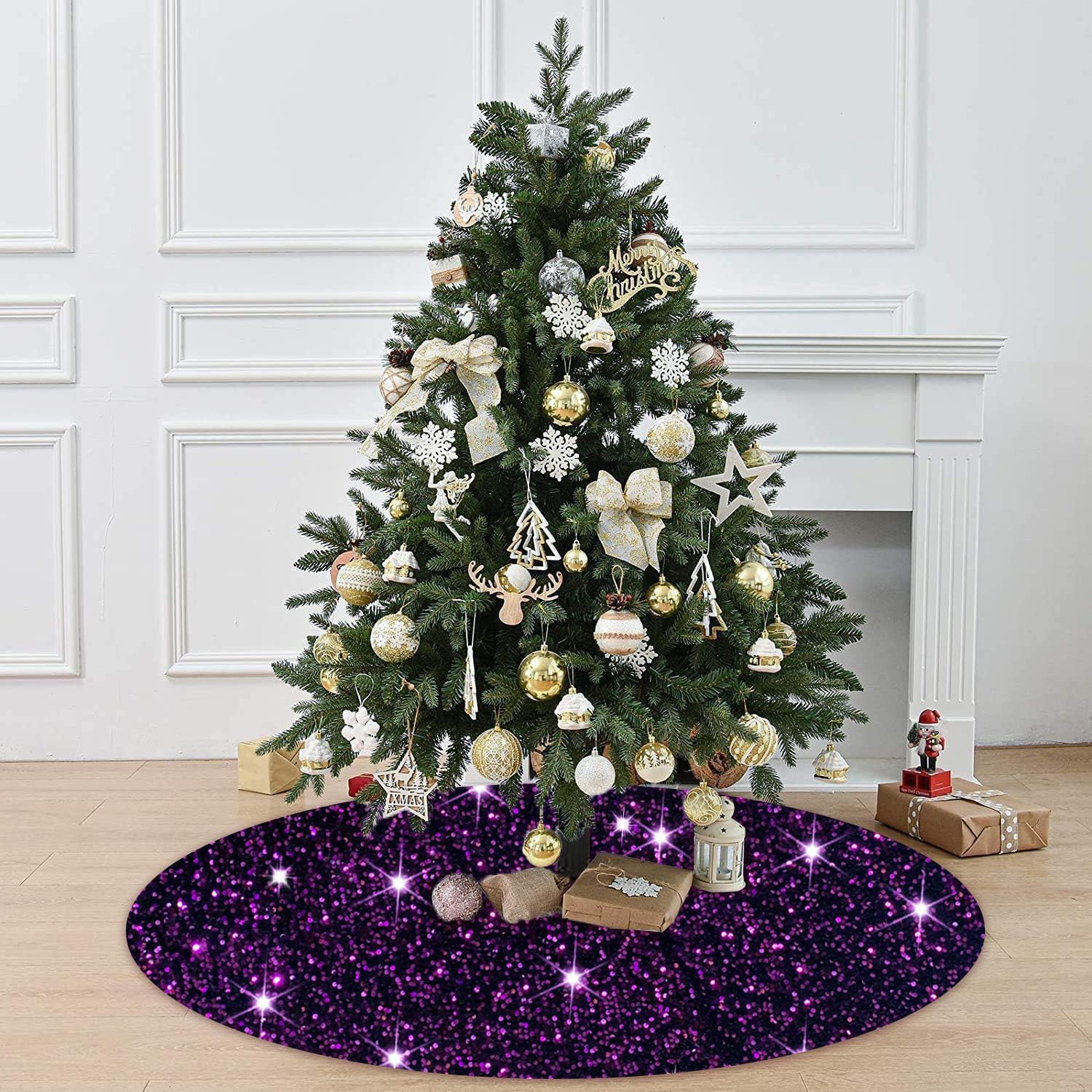 Falda de árbol de Navidad grande de 46 pulgadas, falda de árbol de Navidad con purpurina, falda de base de árbol de secuencia púrpura oscuro, falda