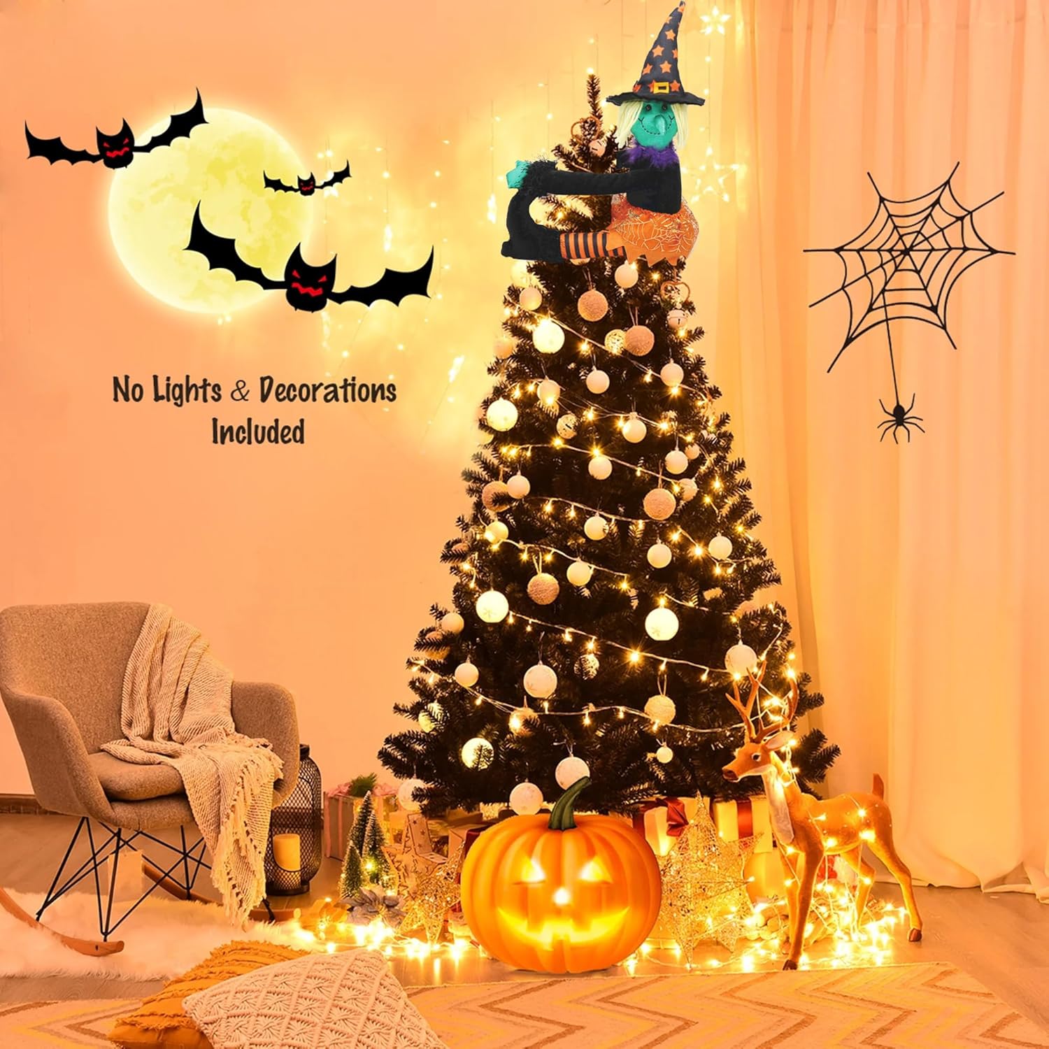 Decoración para árbol de bruja de Halloween, adornos colgantes para árbol de Halloween, corbata de cortina de Halloween y botella de vino con