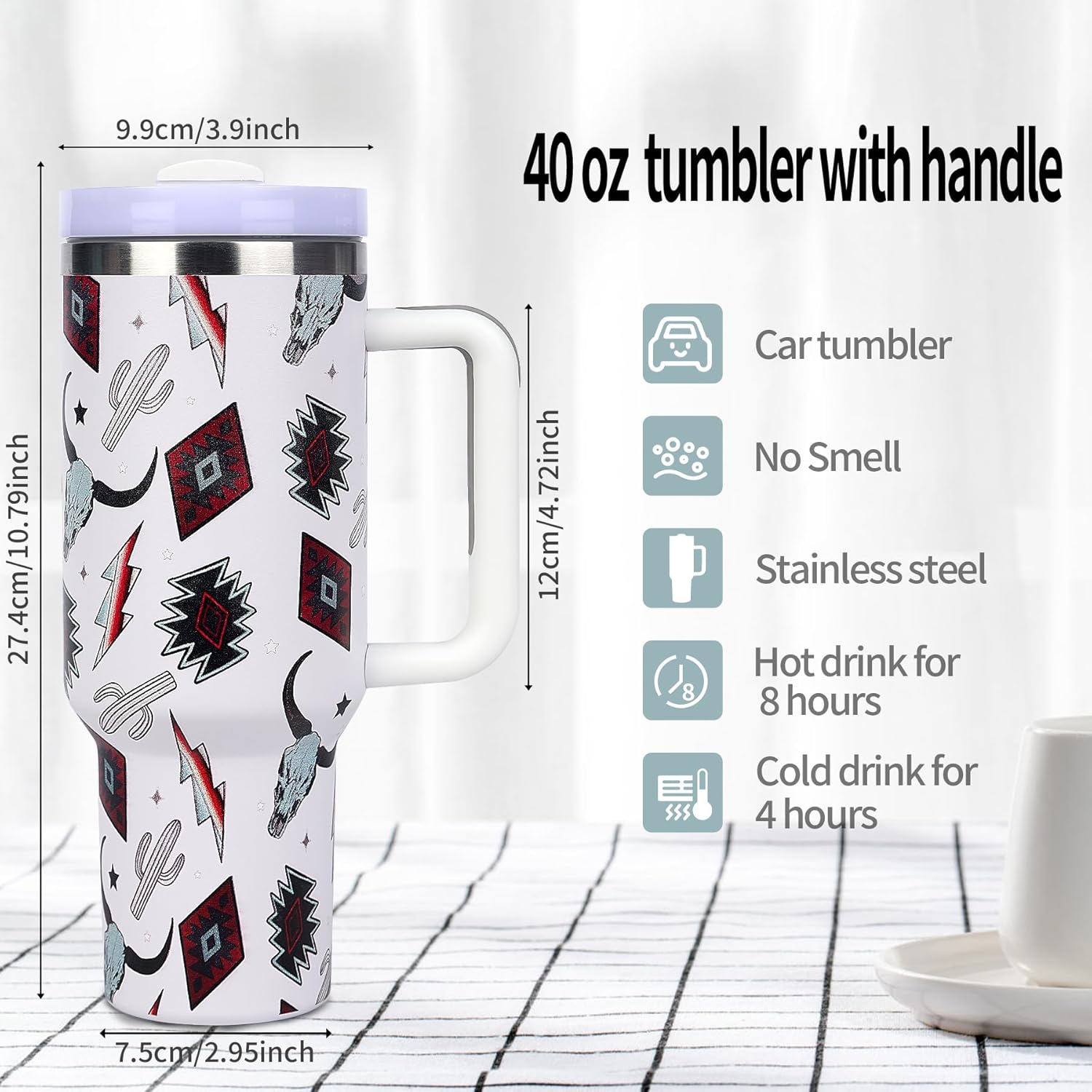 Atzec – Vaso aislado de 40 onzas con tapa y popotes, vaso de café de acero inoxidable con asa, doble vacío a prueba de fugas, taza de café, botella