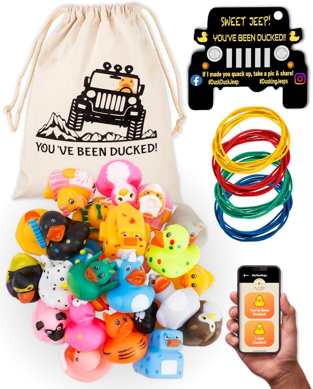 Kit de 76 piezas que incluye patos de goma, bolsa de pato para Jeep, tarjetas de ducking Jeep y bandas de goma, además de la aplicación móvil