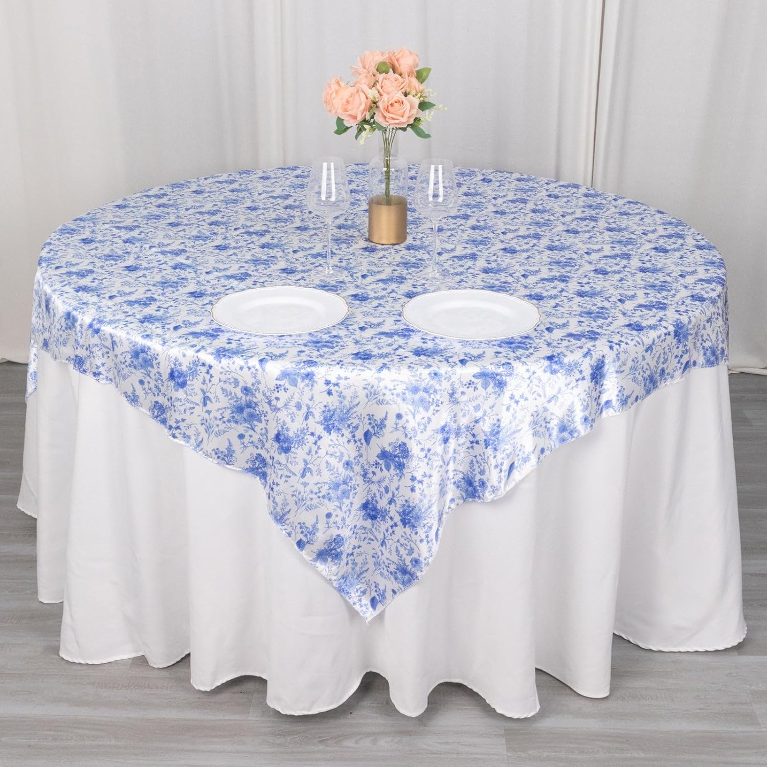 Efavormart – Mantel cuadrado de satén con estampado floral chinoiserie blanco y azul, 72 x 72 pulgadas