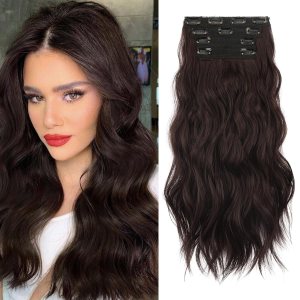 SOFEIYAN Extensiones de cabello con clip, 4 piezas, extensiones de cabello sintético largo ondulado marrón oscuro, extensiones de cabello sintético SOFEIYAN Extensiones de cabello con clip, 4 piezas, extensiones de cabello sintético largo ondulado marrón oscuro, extensiones de cabello sintético