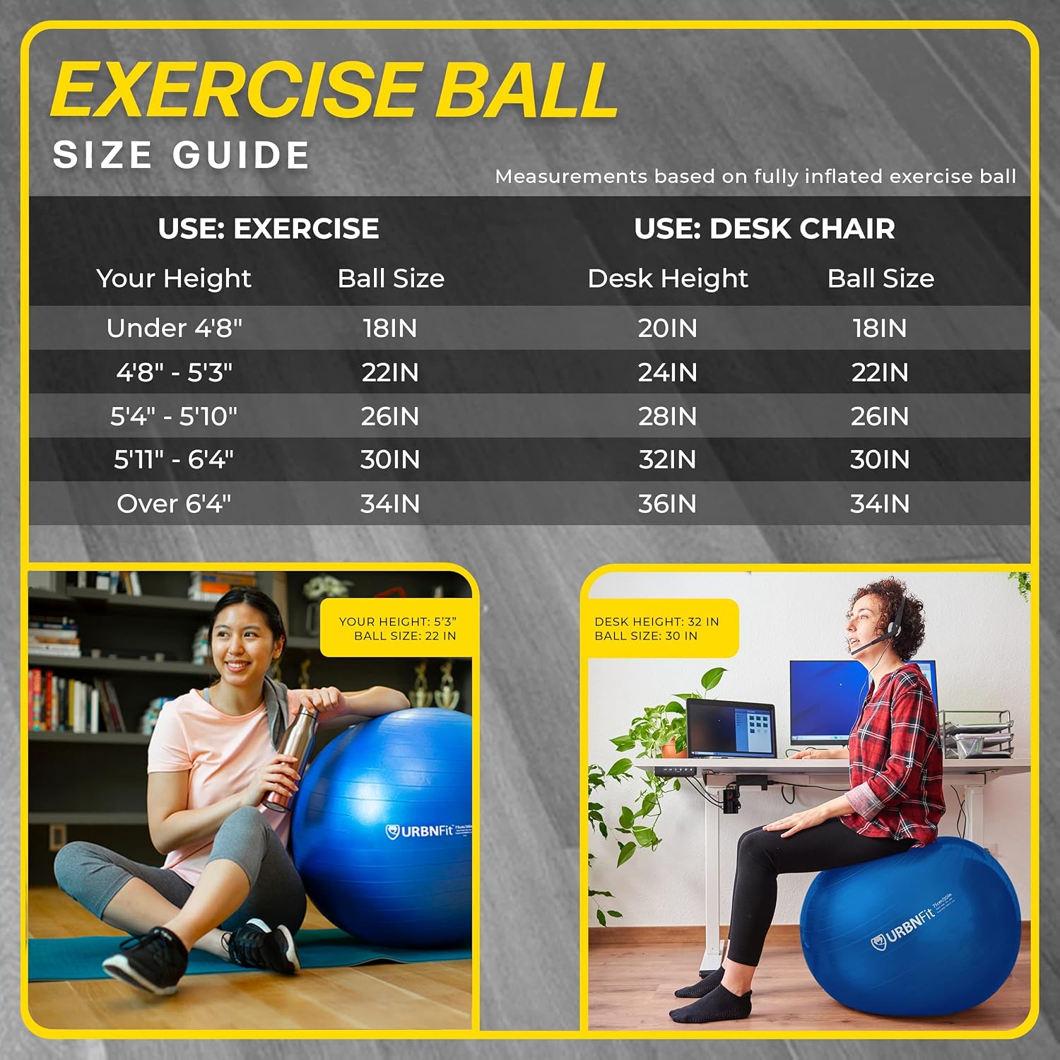 URBNFit – Pelota de ejercicio, entrenamiento y yoga en varios tamaños, pelota para embarazo y estabilidad, antiestallido, incluye bomba de inflado