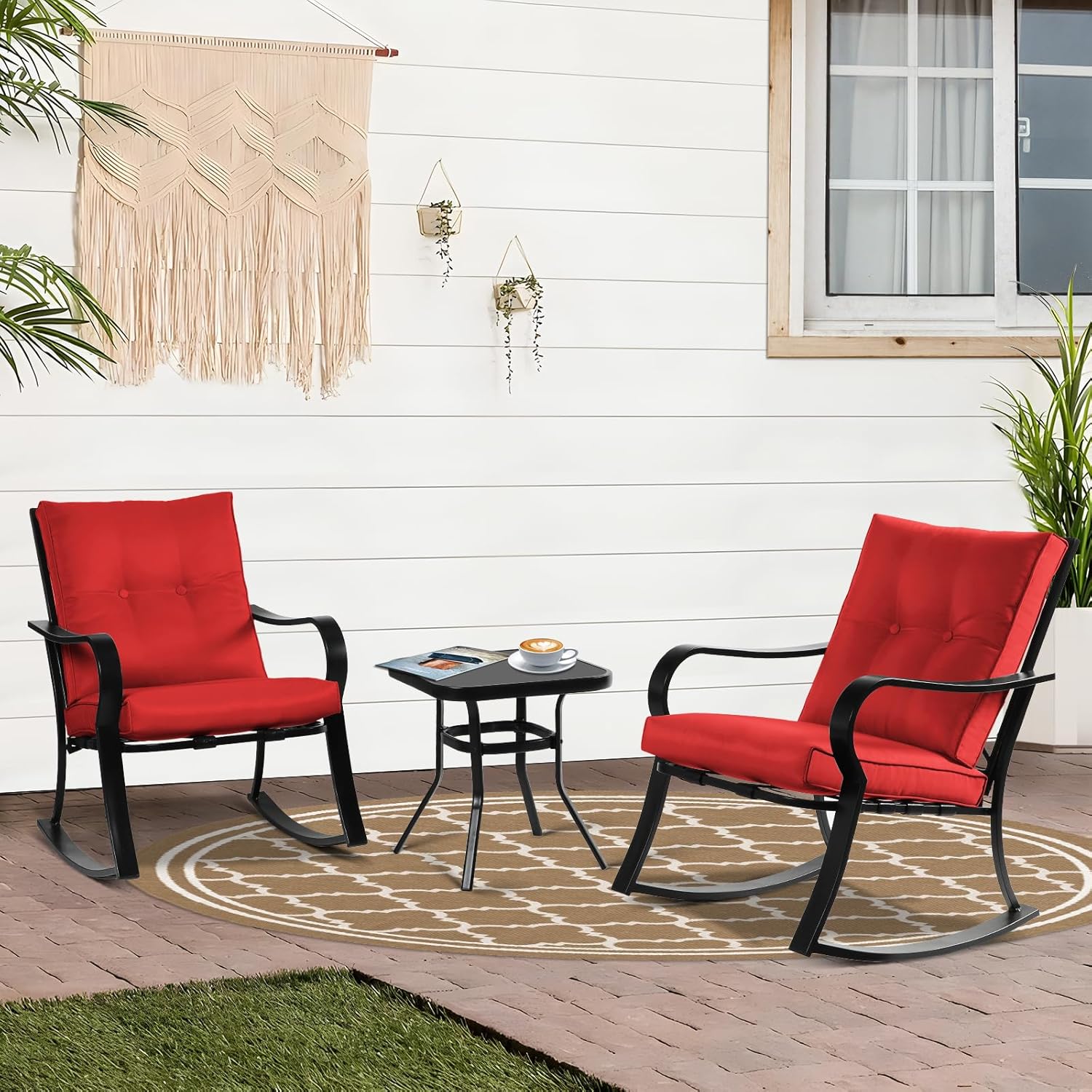 Patiomore Juego de 3 sillas mecedoras para exteriores, juego de muebles de patio, 2 sillas de hierro negro con cojines gruesos y mesa auxiliar con
